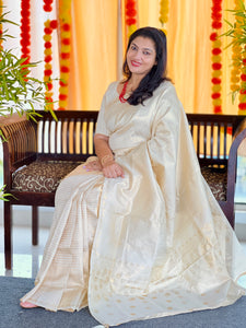 Check & Line Patterned Tissue Weaved Semi Silk Saree | HT214