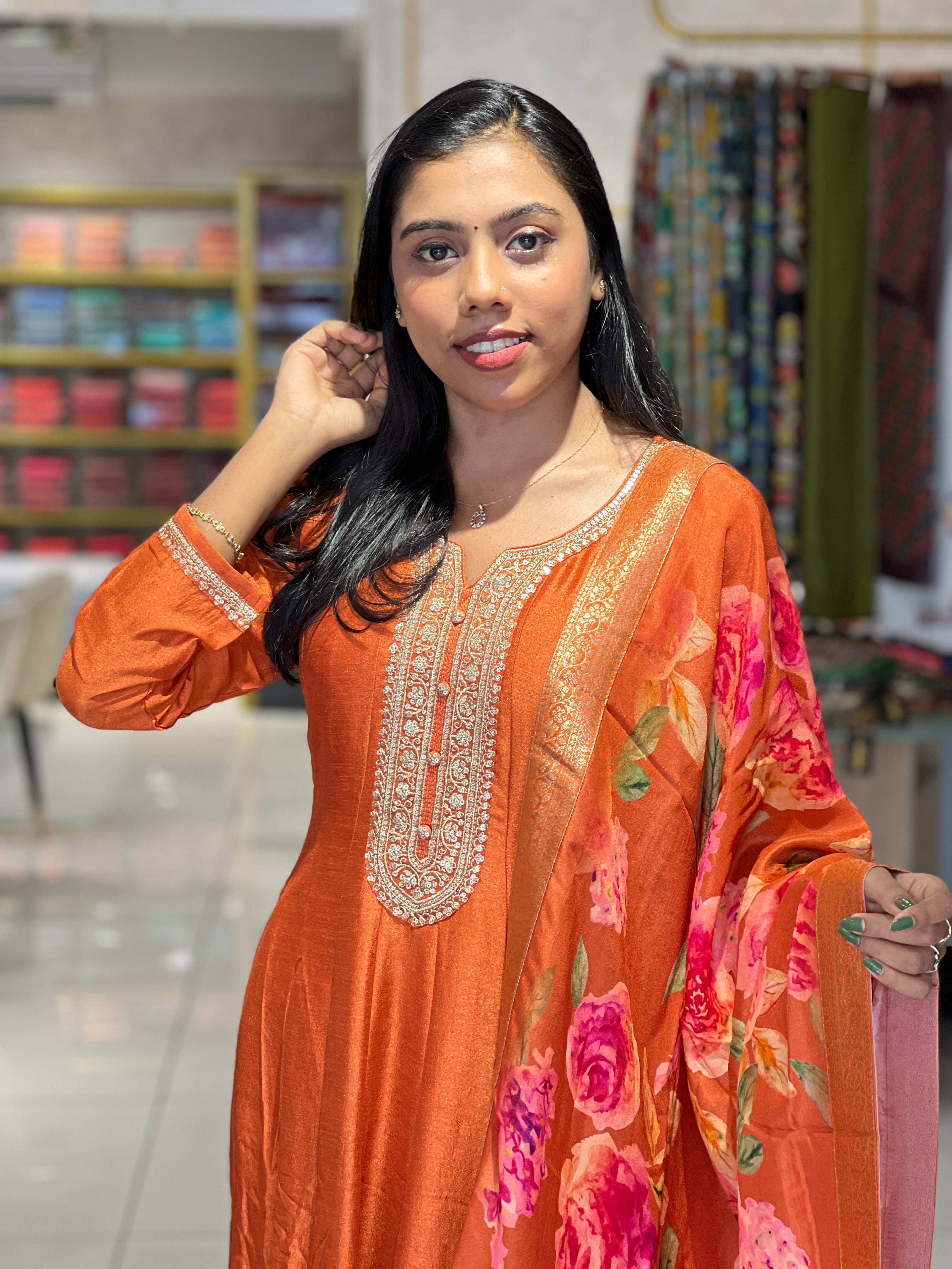 Zari Embroidered Dola Silk Kurta Top & Dupatta | FW278