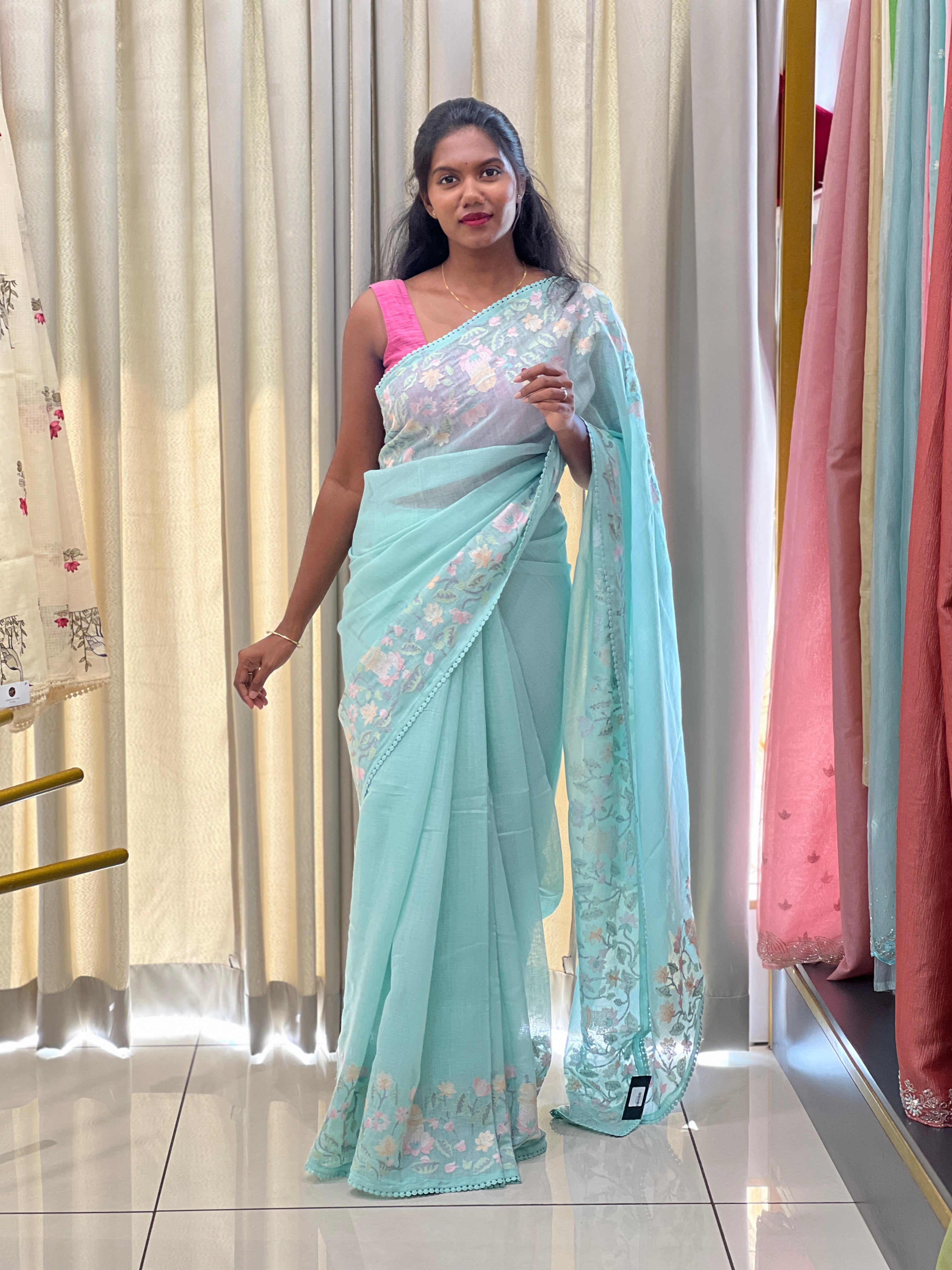 Floral Embroidery Detailed Linen-Cotton Saree | BLD1948