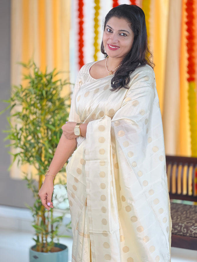 Polka Dot & Line Weaving Patterned Semi Silk Saree | HT213