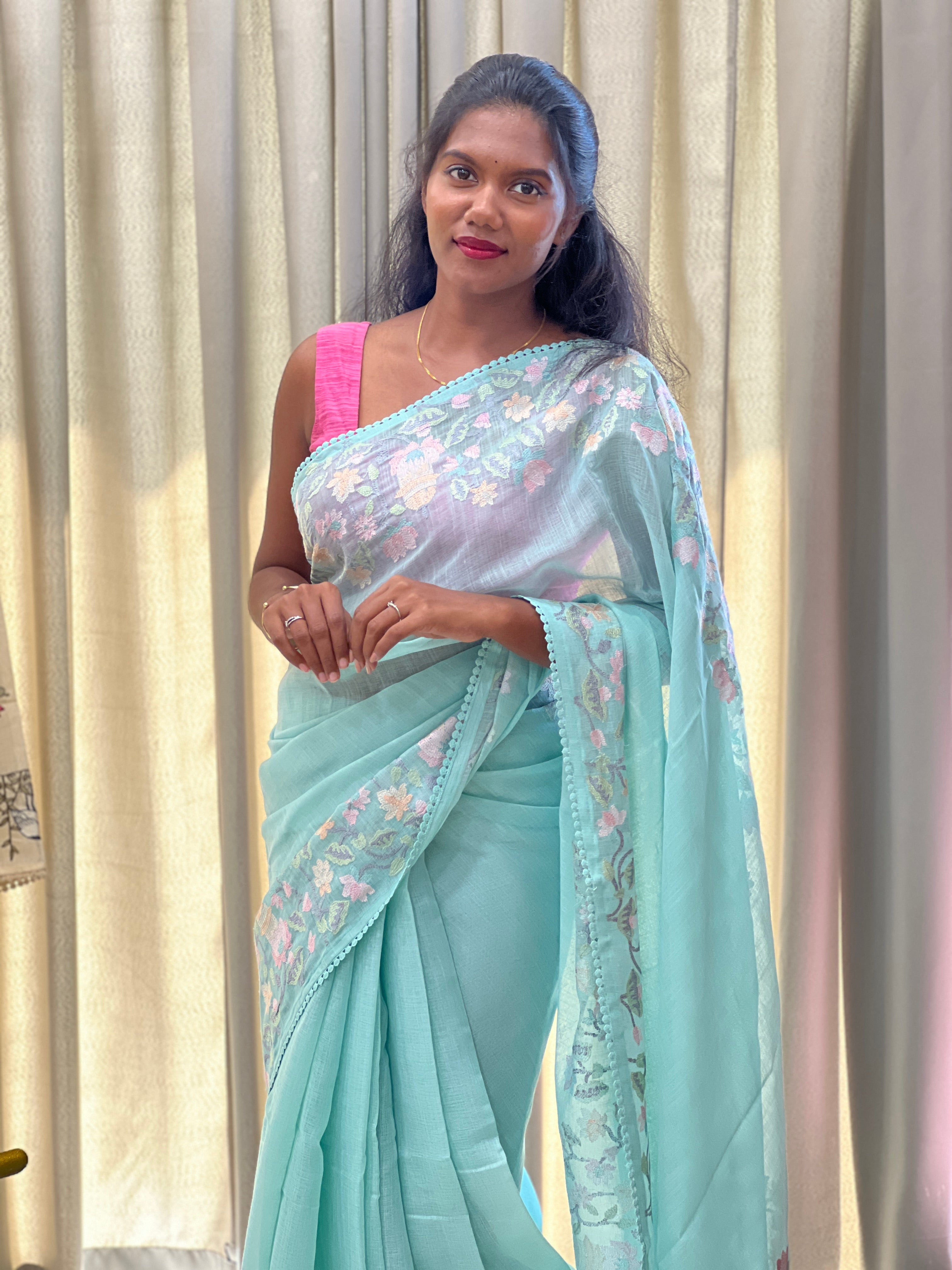 Floral Embroidery Detailed Linen-Cotton Saree | BLD1948