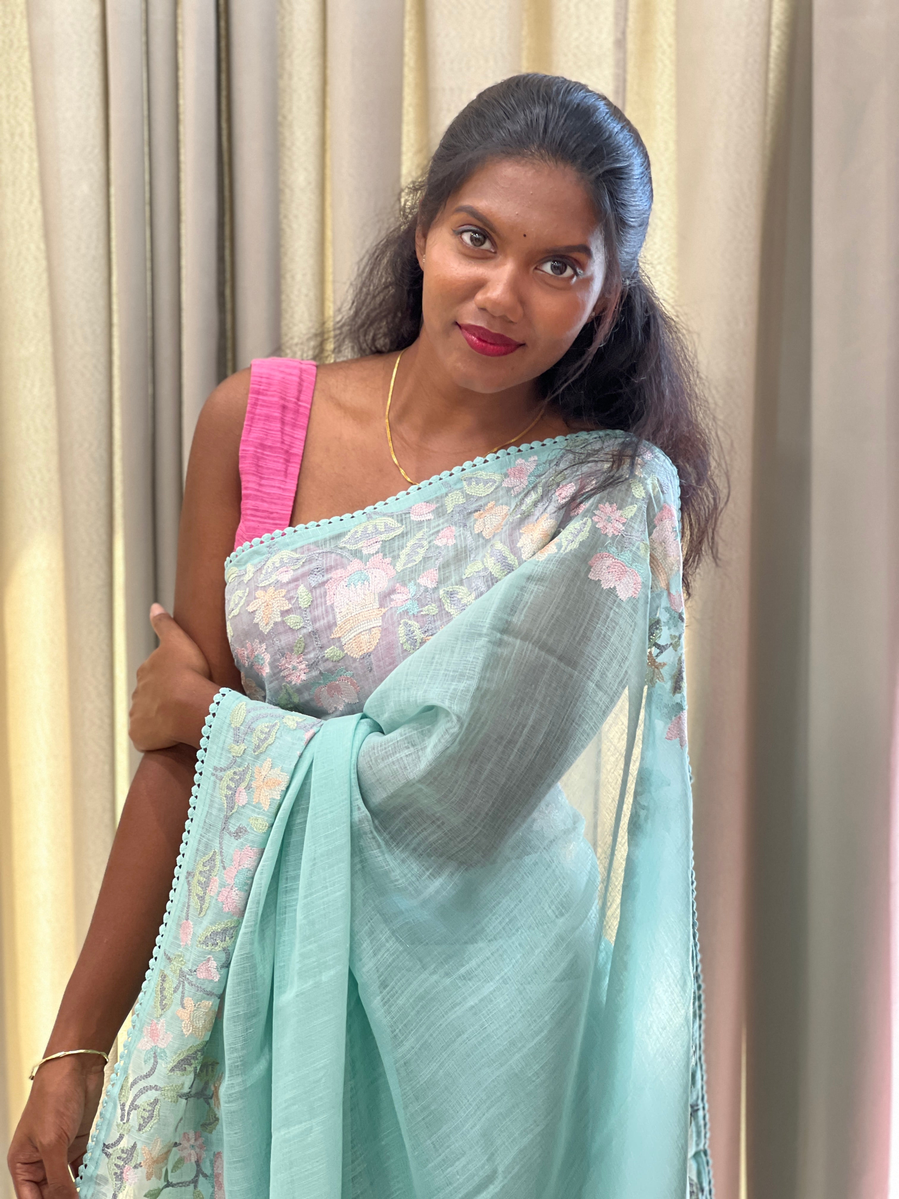 Floral Embroidery Detailed Linen-Cotton Saree | BLD1948