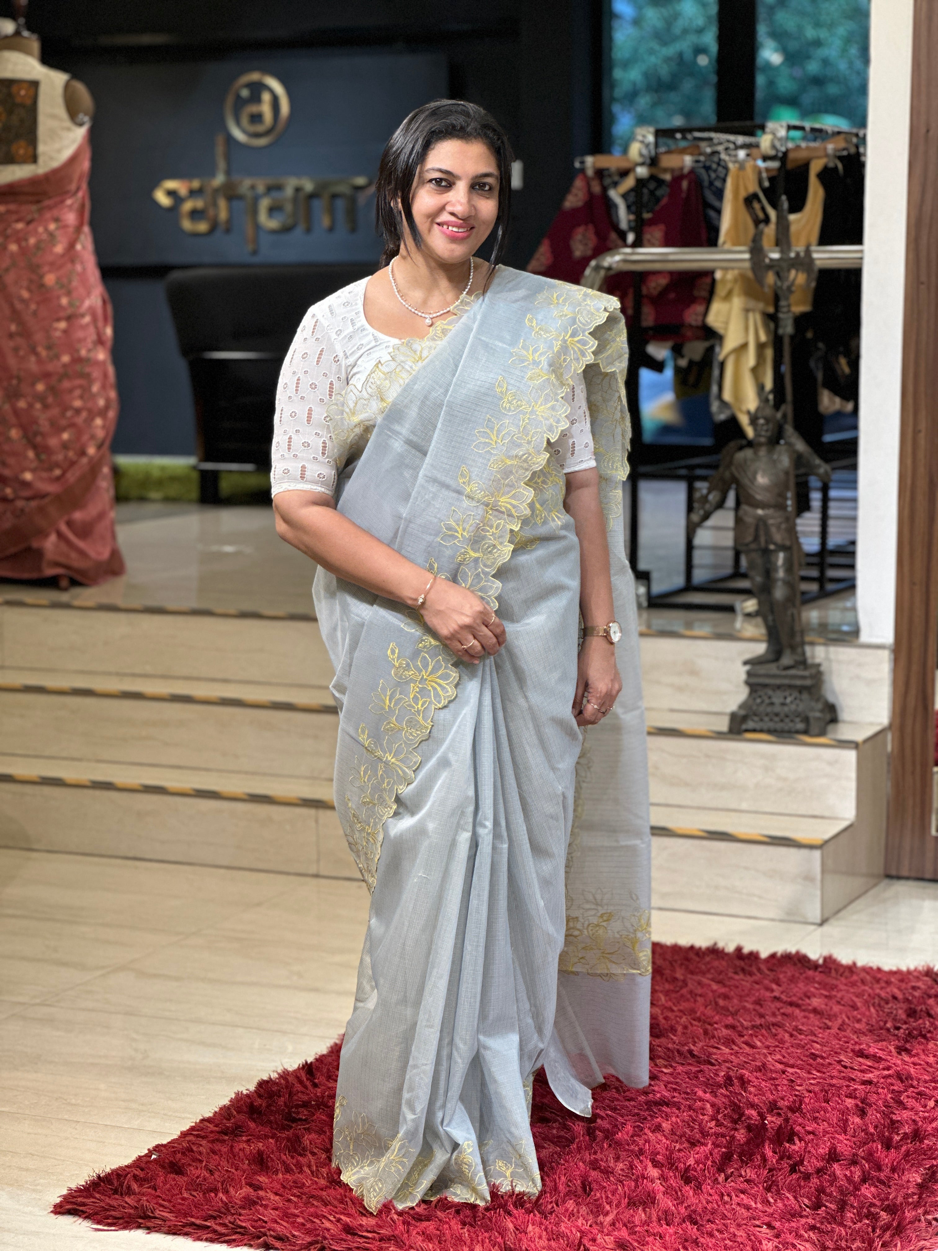 Floral Embroidered Muga Check Organza Saree | JSC213