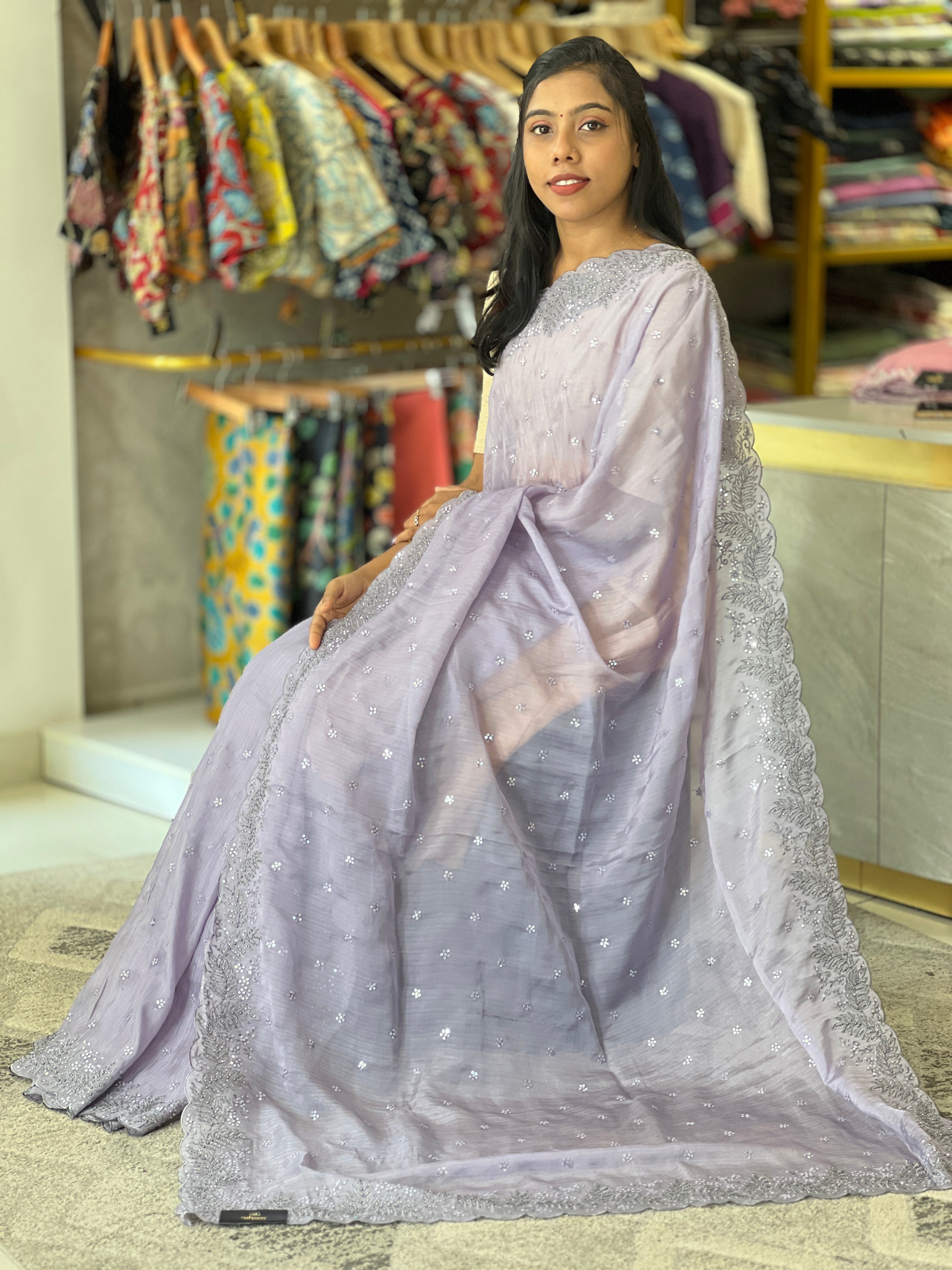Embroidery With Sequence Detailed Shimmer Organza Saree | SBP771