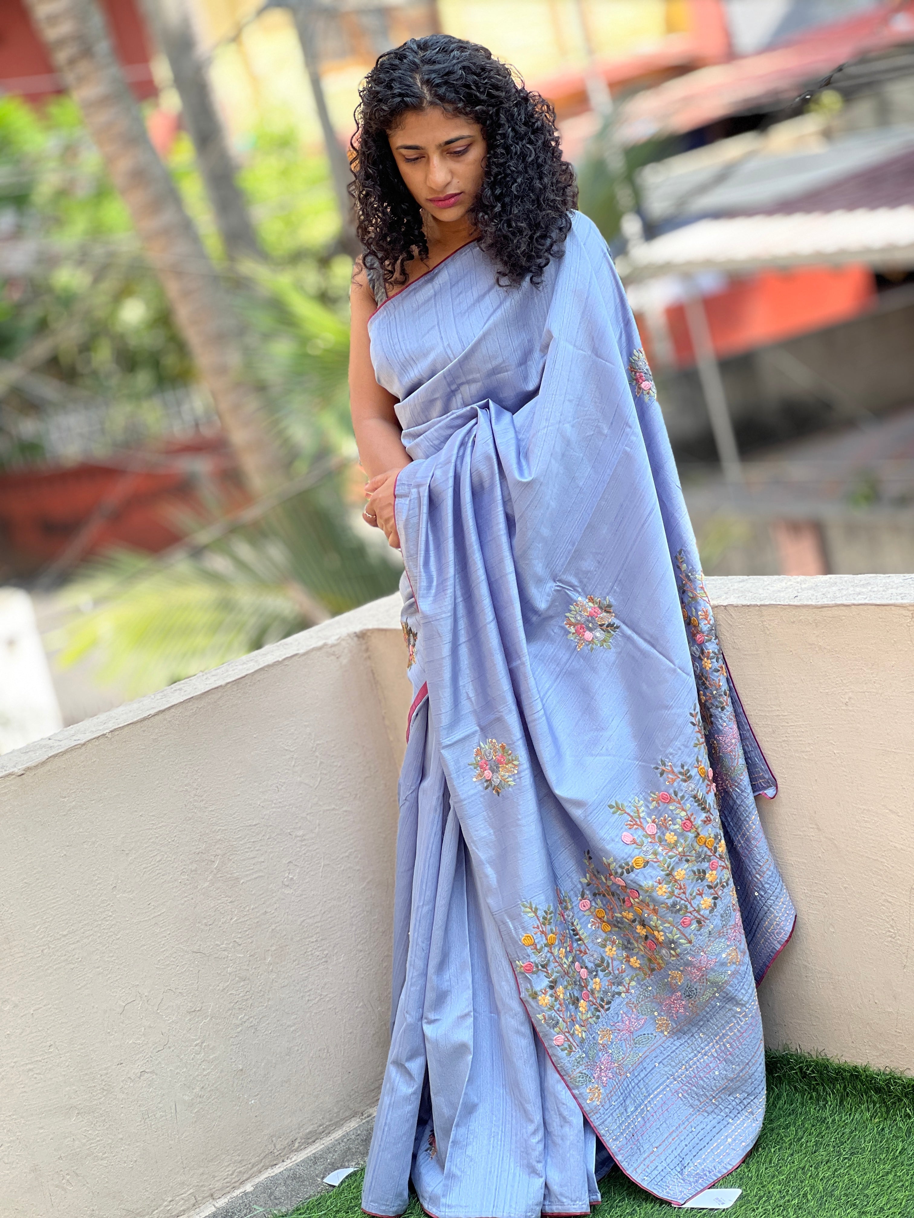 Hand Embroidery Semi Tussar Saree | BLD400