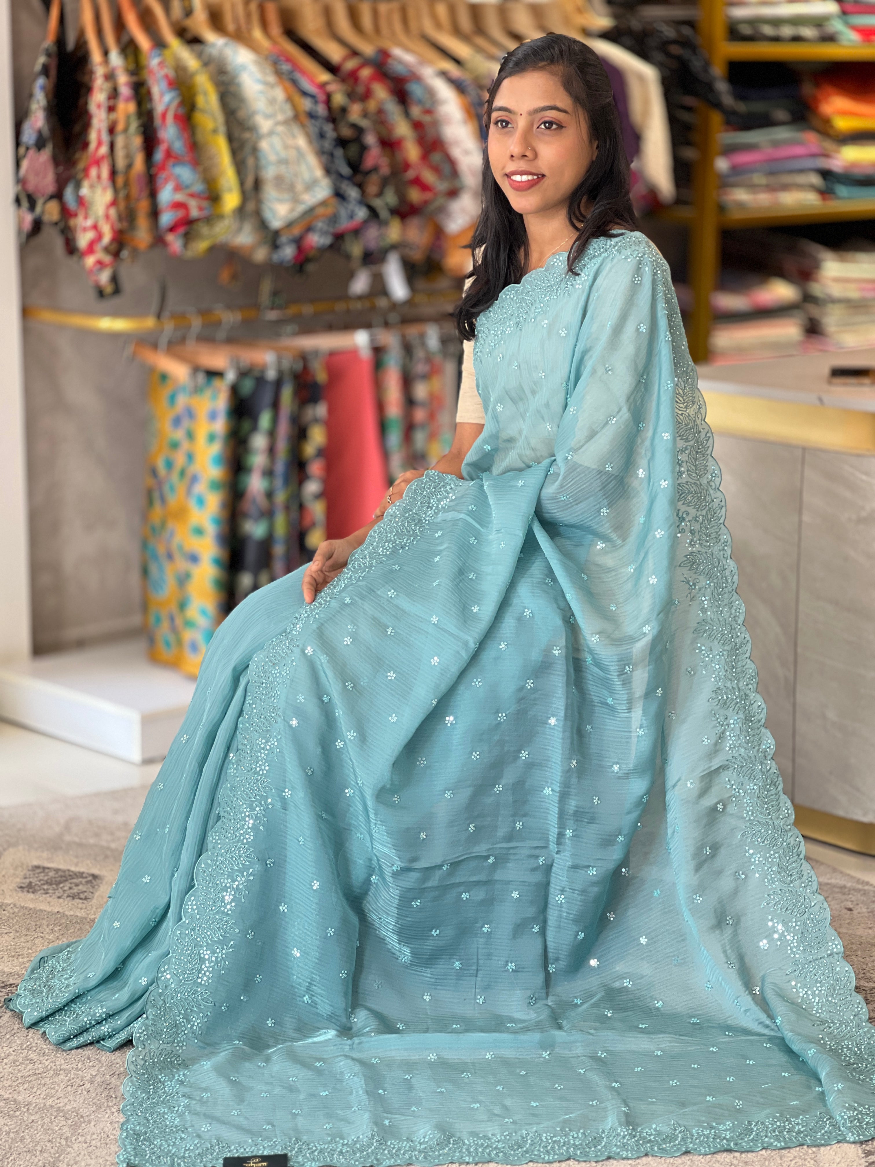 Embroidery With Sequence Detailed Shimmer Organza Saree | SBP772