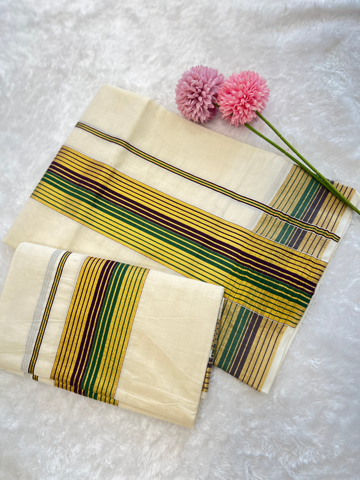 Stripe Pattern Border Kerala Cotton Set Mundu | PMCT118