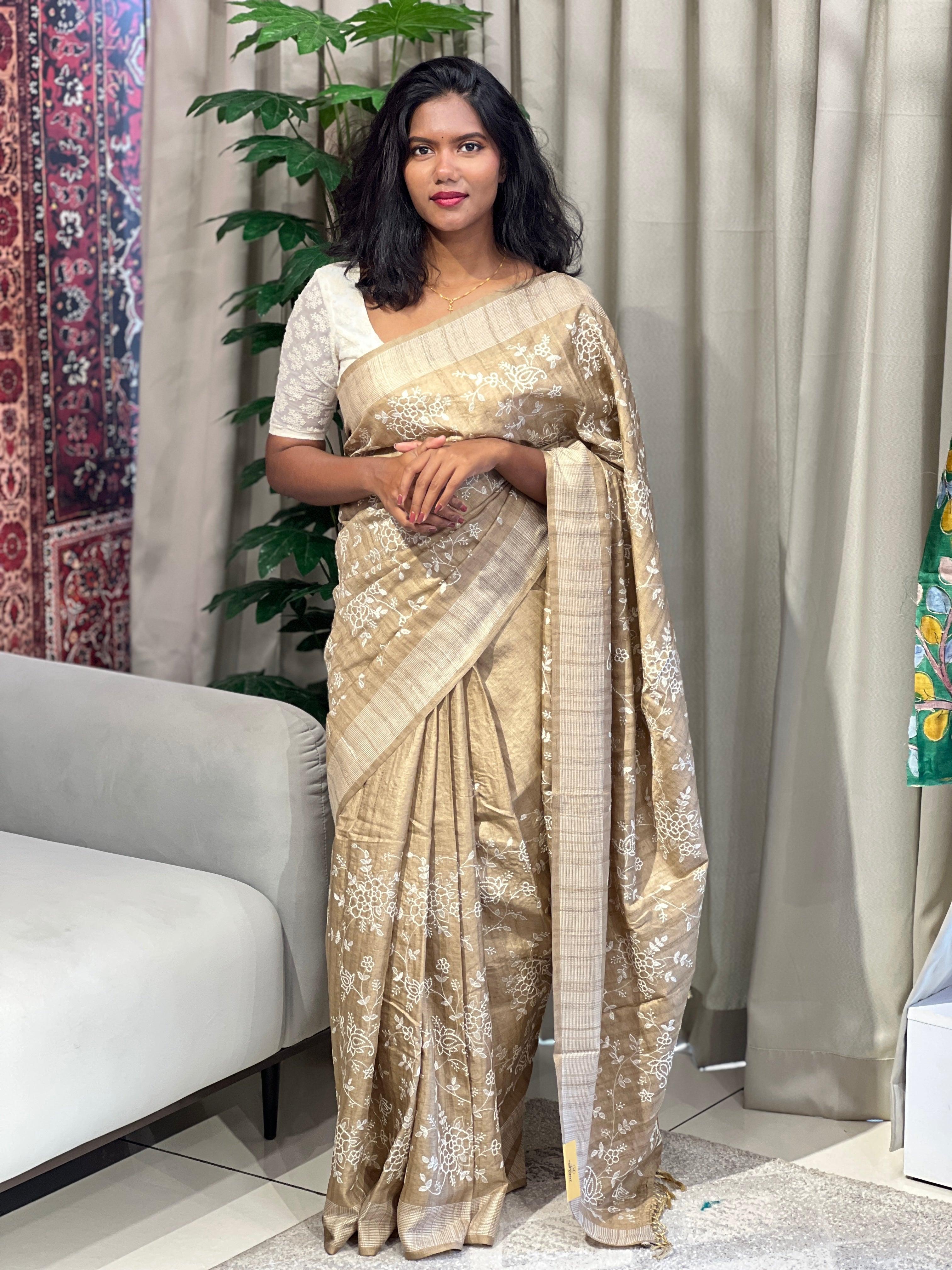 Machine Embroidered Semi Tussar Saree | SUN721