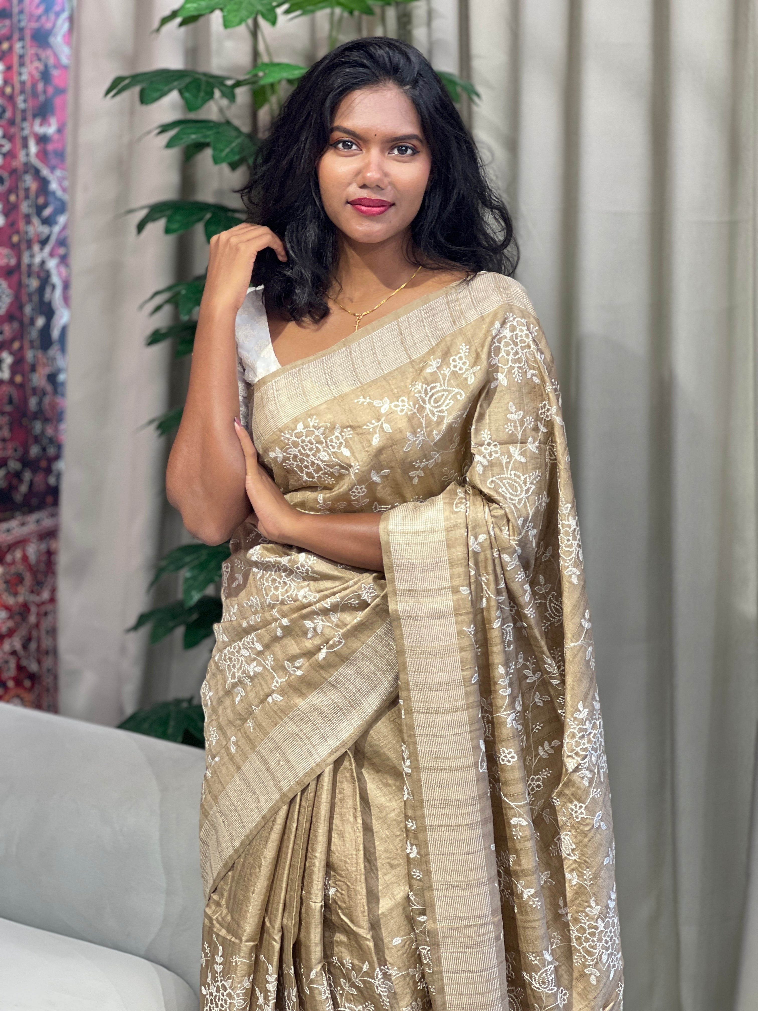 Machine Embroidered Semi Tussar Saree | SUN721