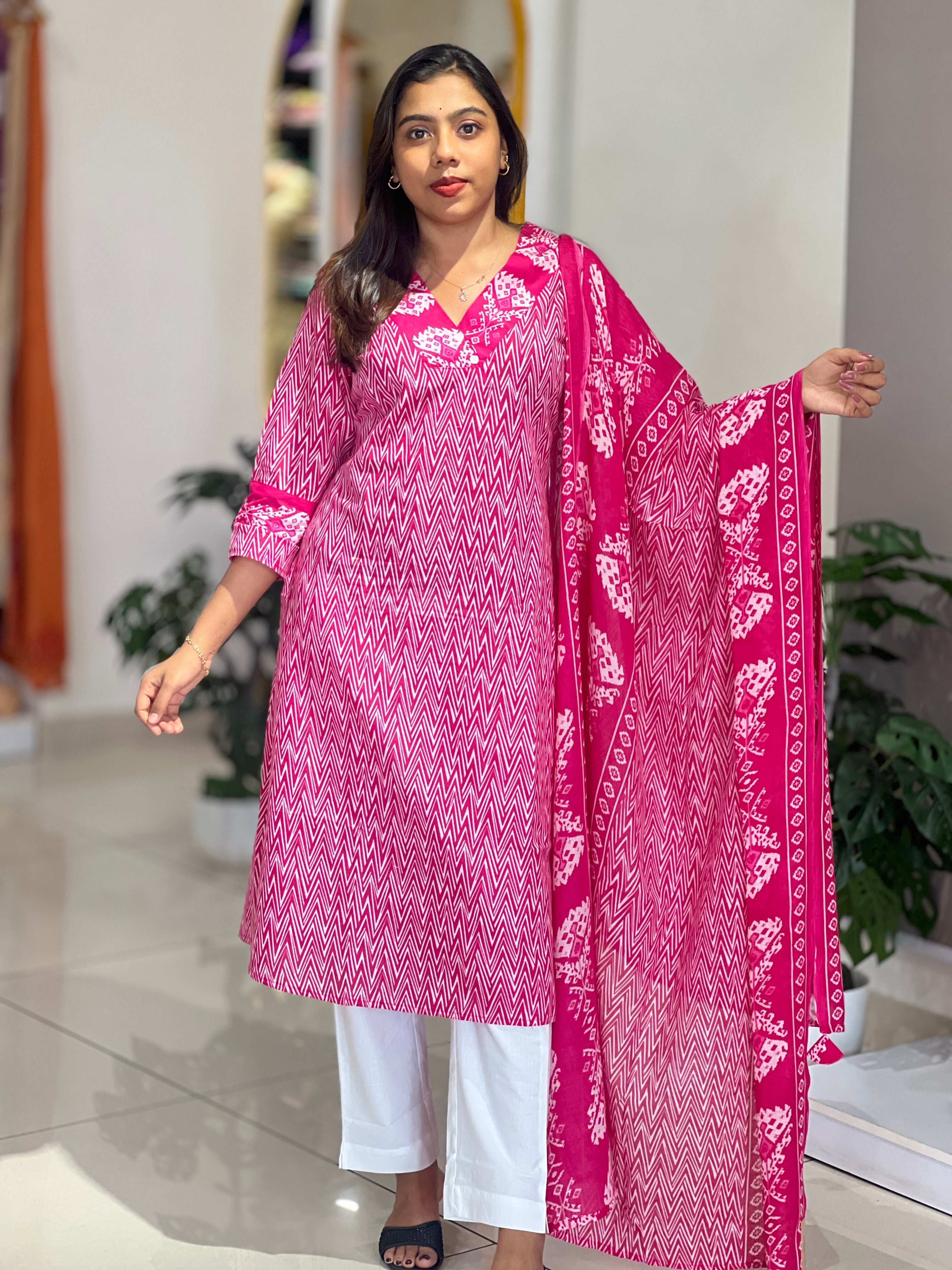 Zigzag Printed Cotton Kurta Set | NCF341