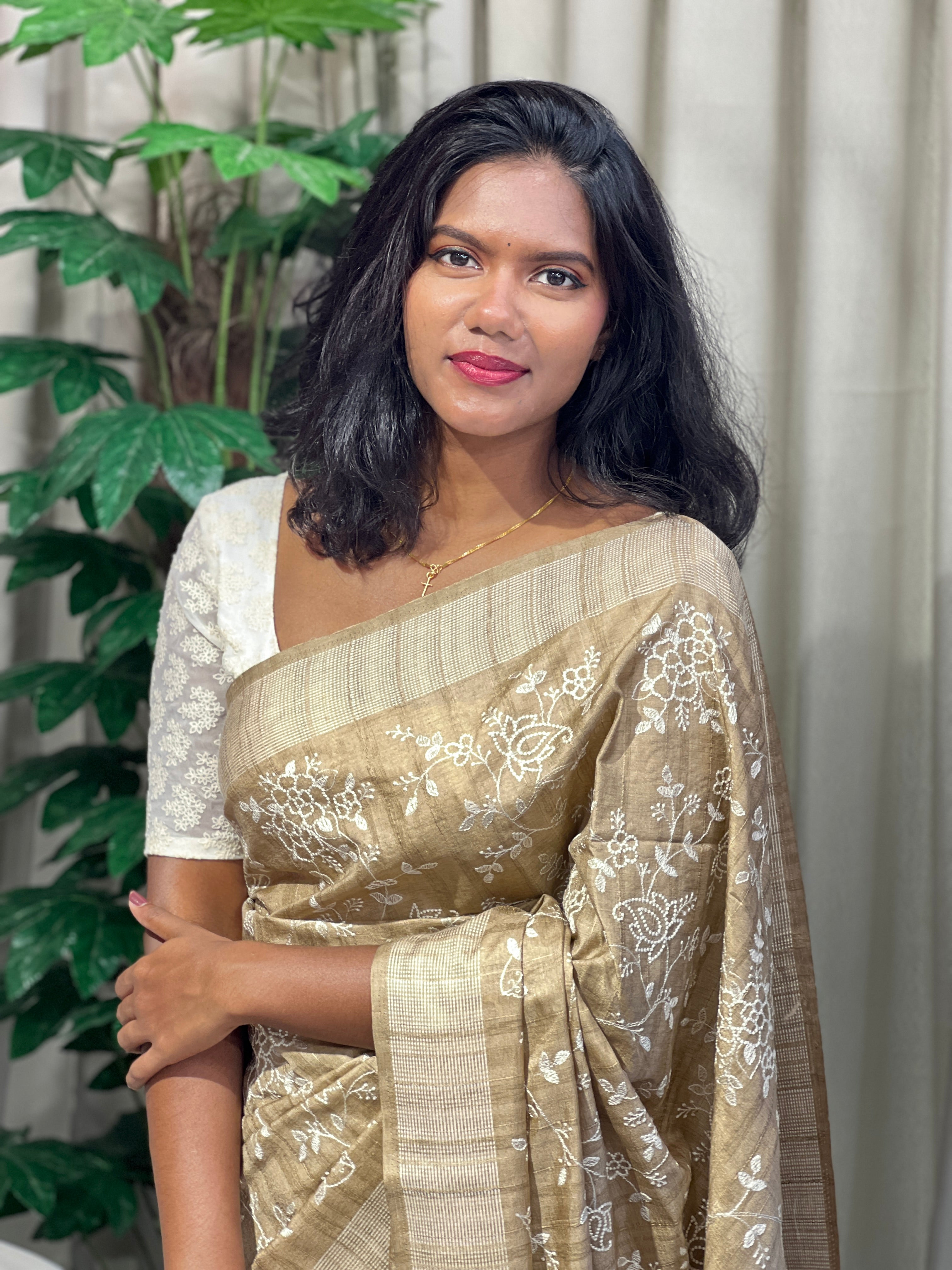 Machine Embroidered Semi Tussar Saree | SUN721