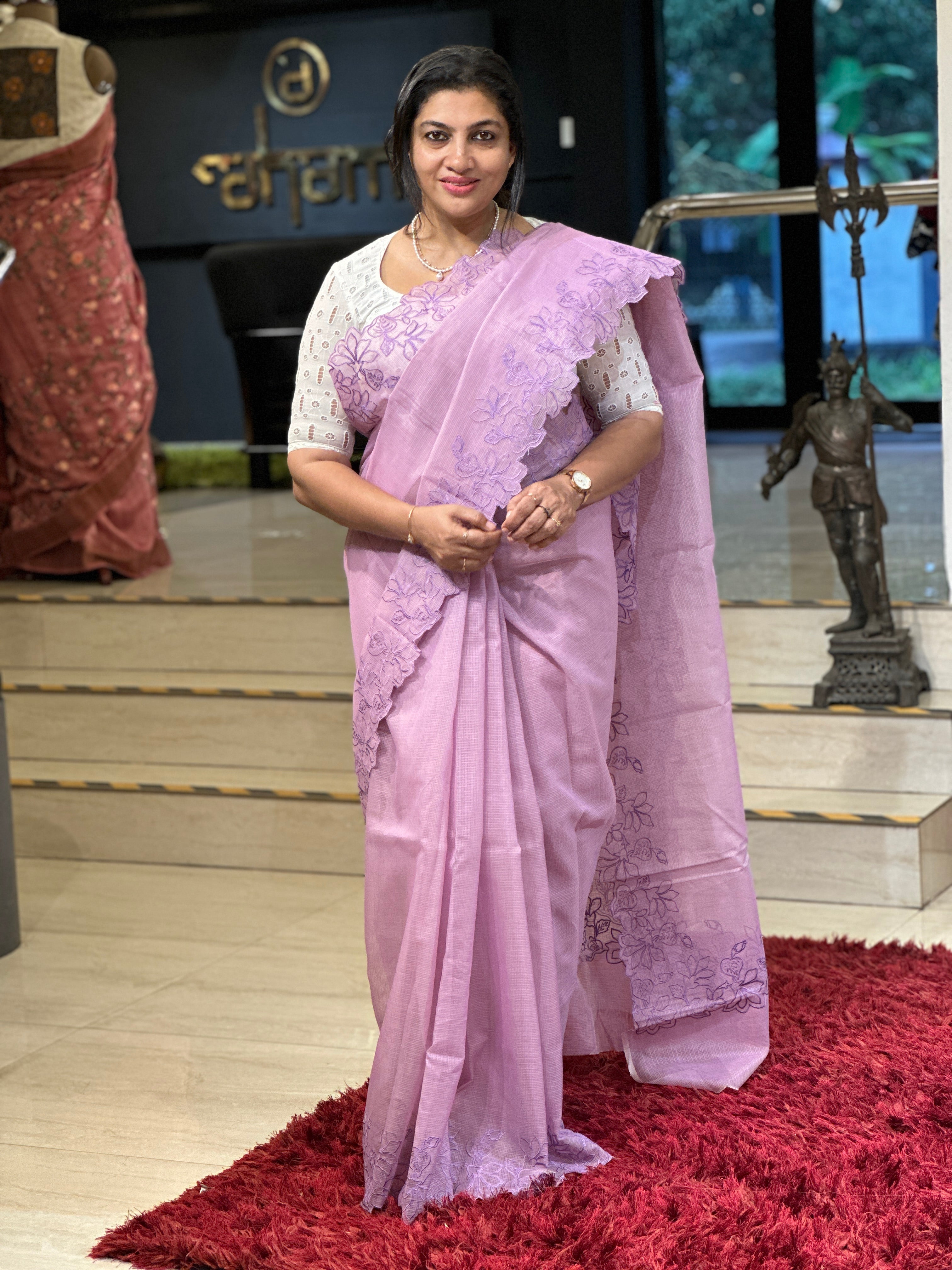 Floral Embroidered Muga Check Organza Saree | JSC215