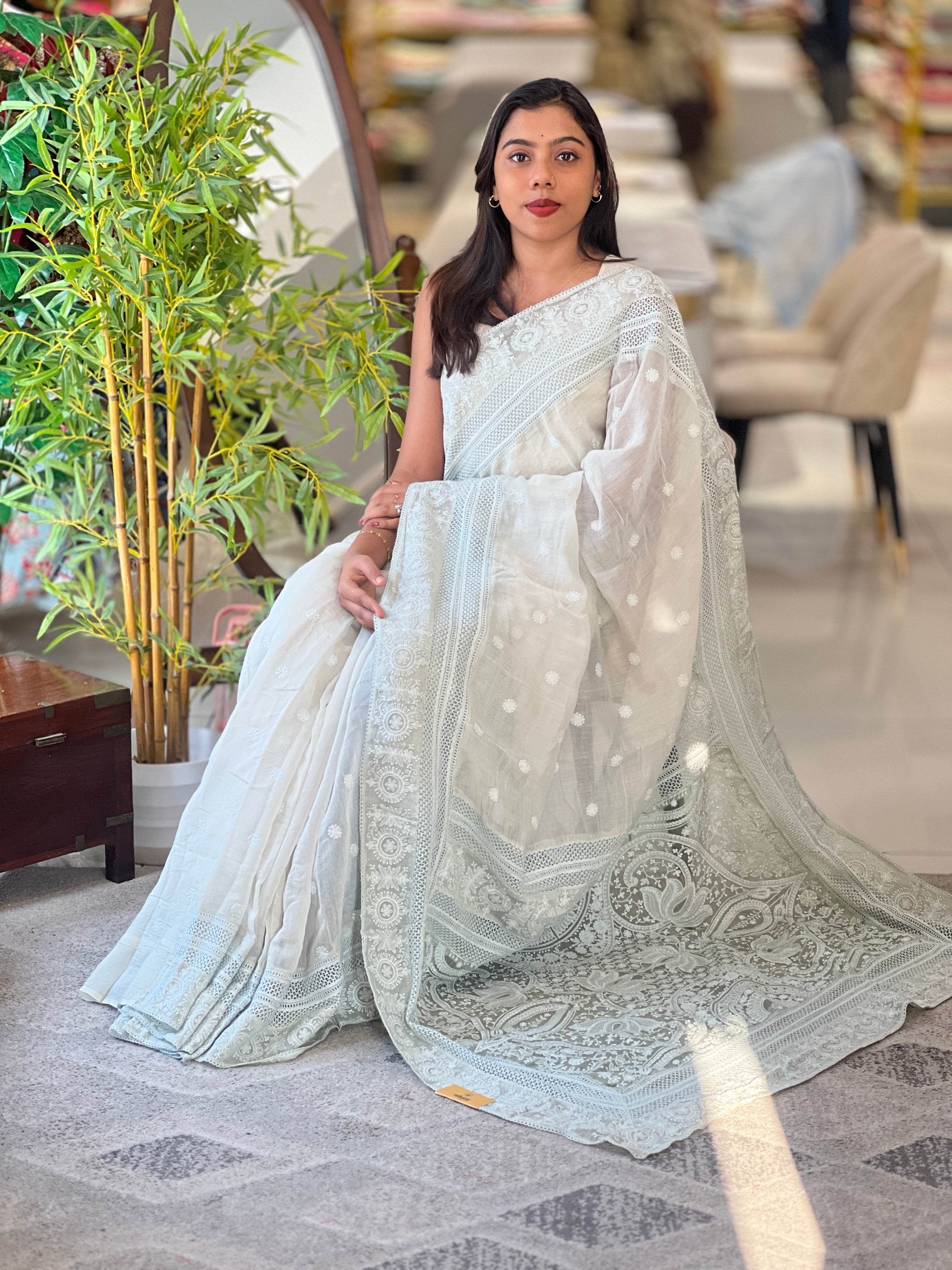 Lucknowi Inspired Embroidery Detailed Mul Cotton Saree | MM434