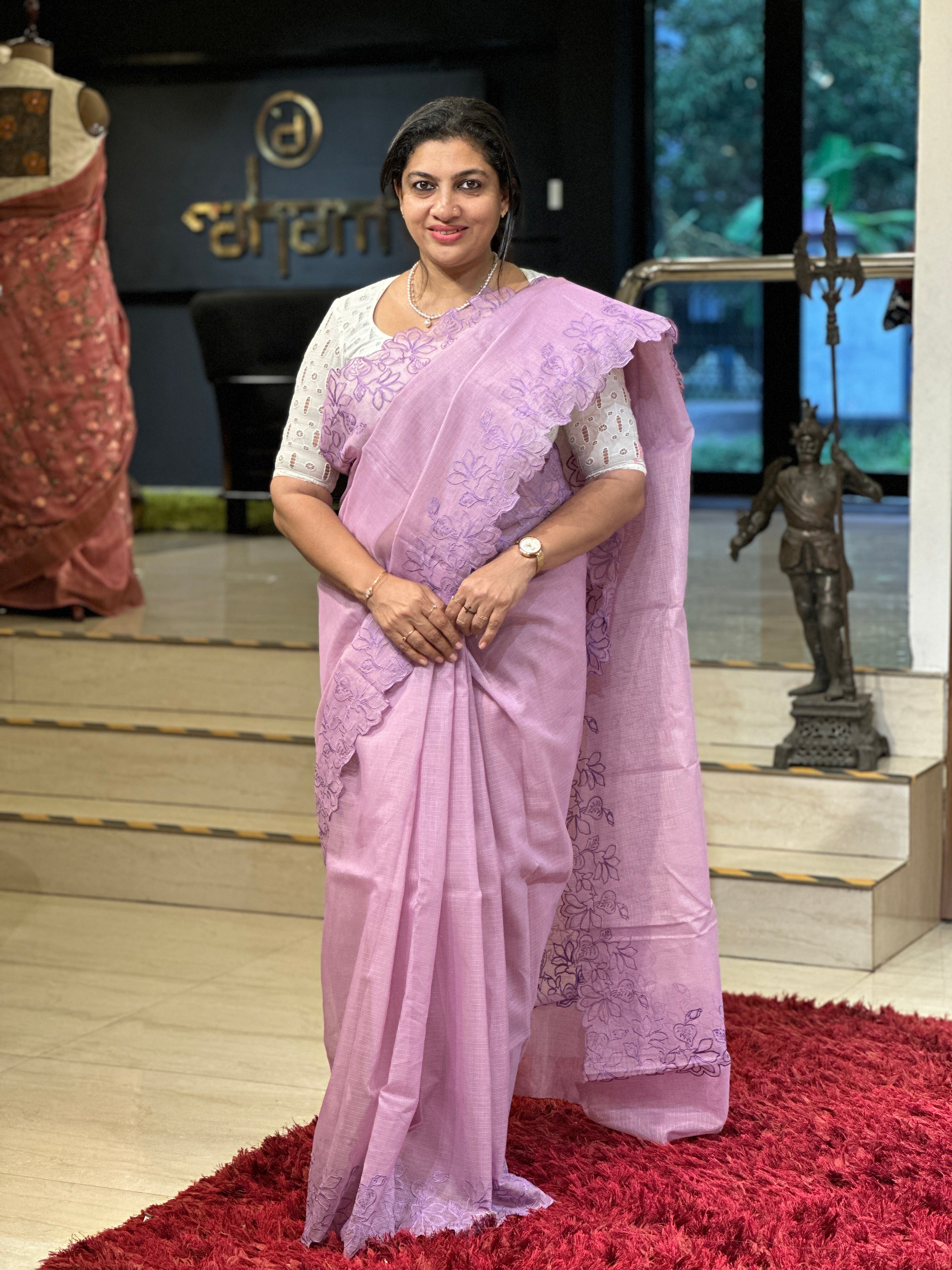 Floral Embroidered Muga Check Organza Saree | JSC215