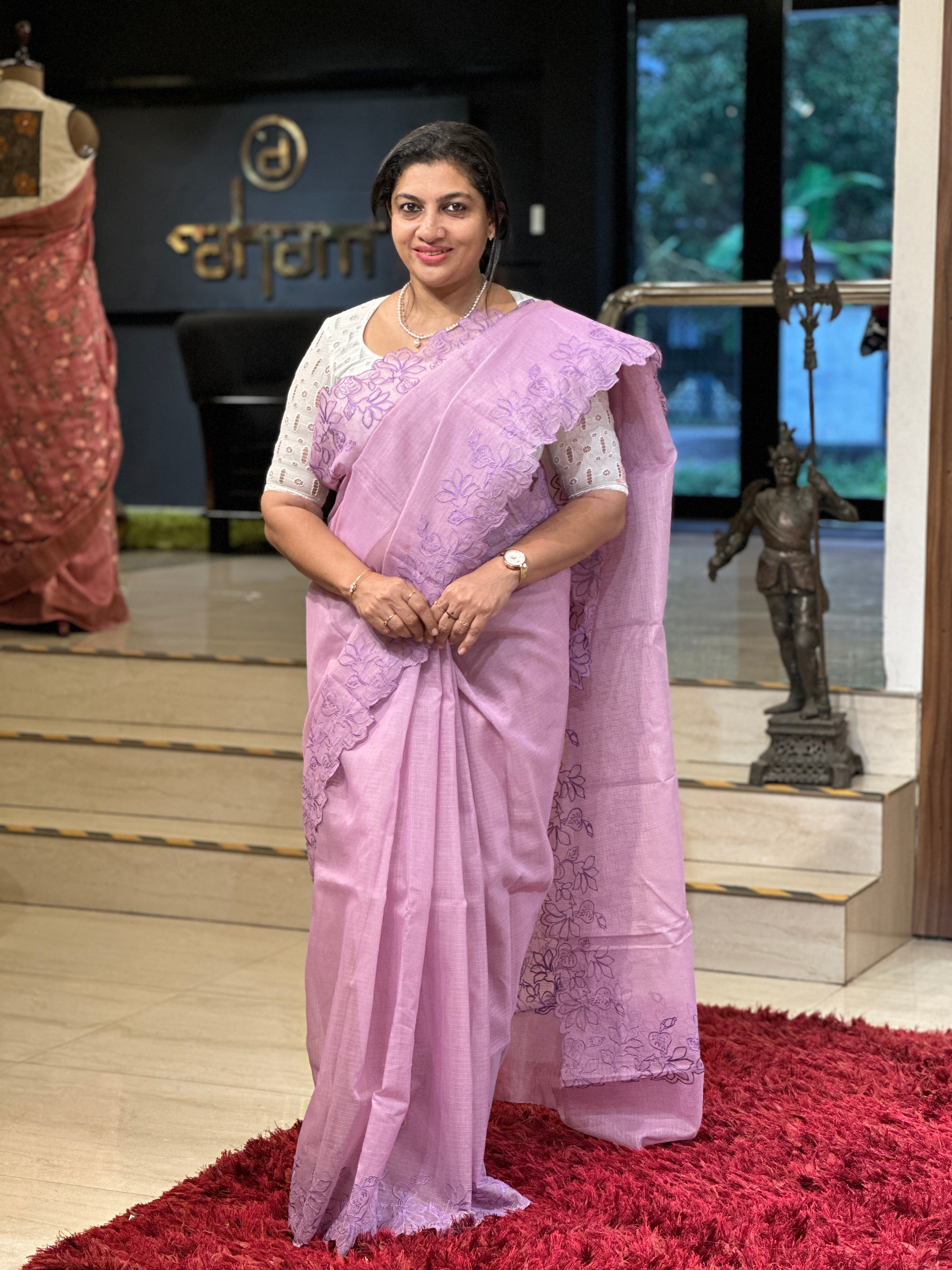 Floral Embroidered Muga Check Organza Saree | JSC215