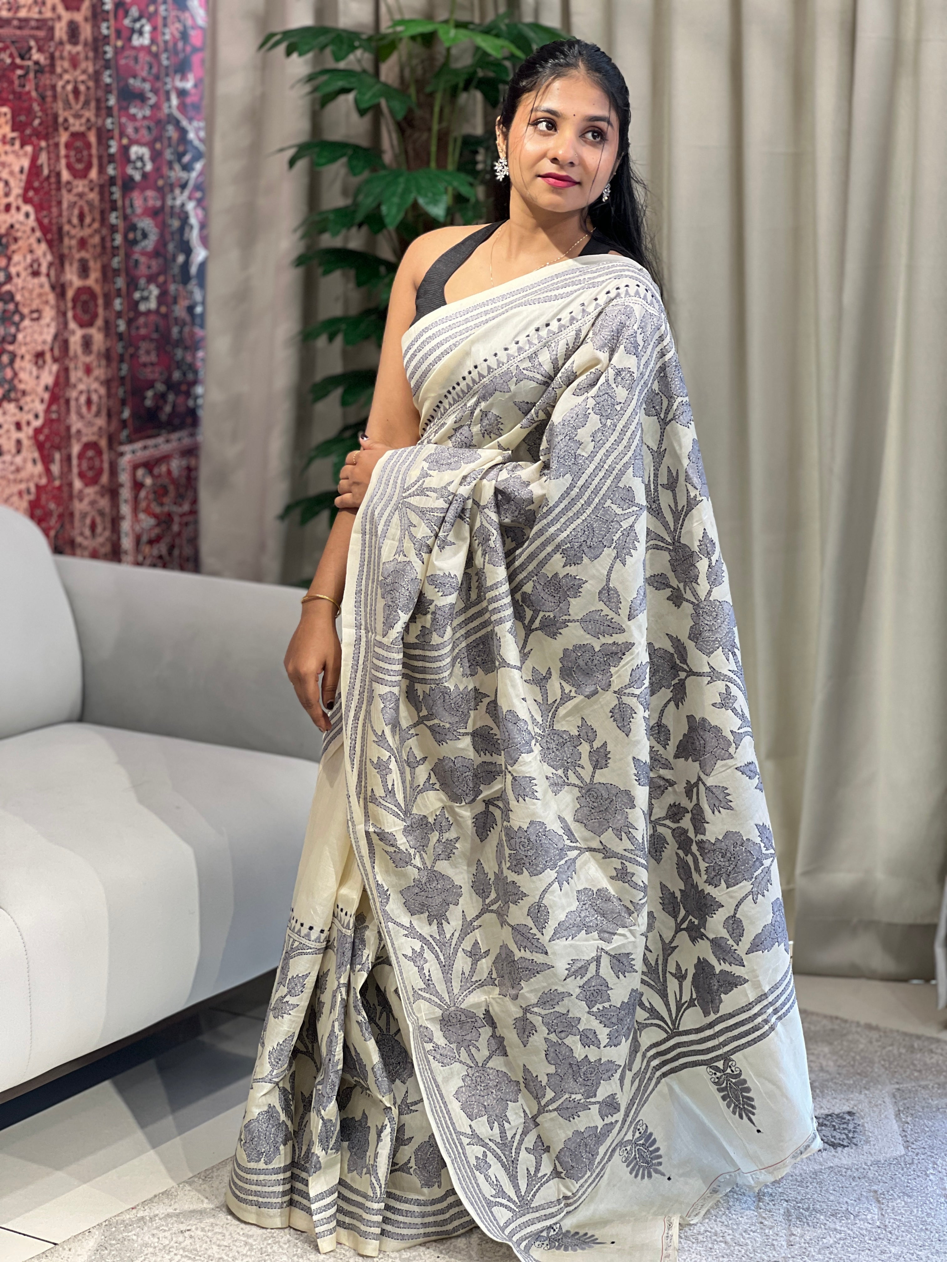 Hand Kantha Embroidered Tussar Saree | AYD151