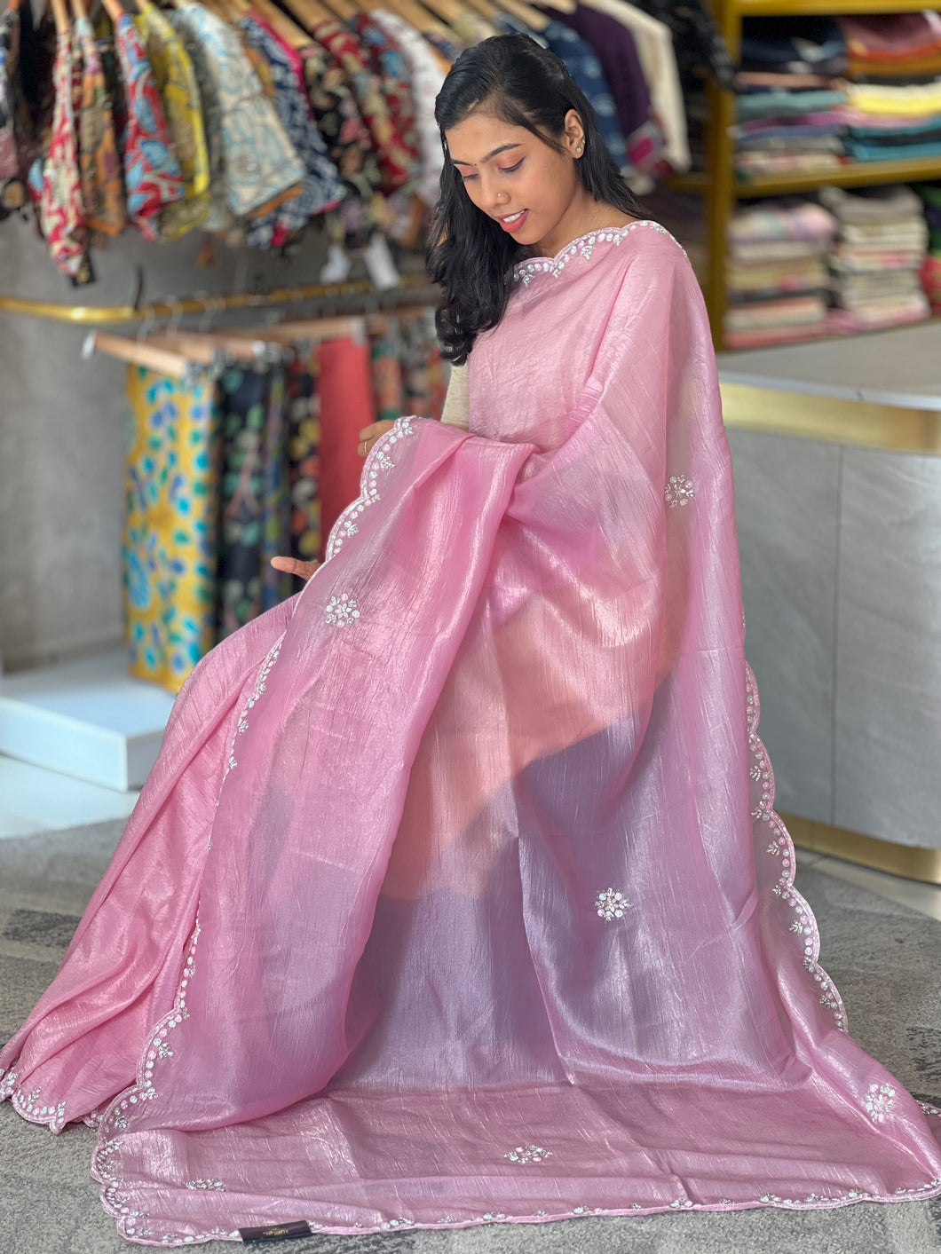 Sequence & Cut Beads Detailed Crushed Shimmer Organza Saree | SBP813