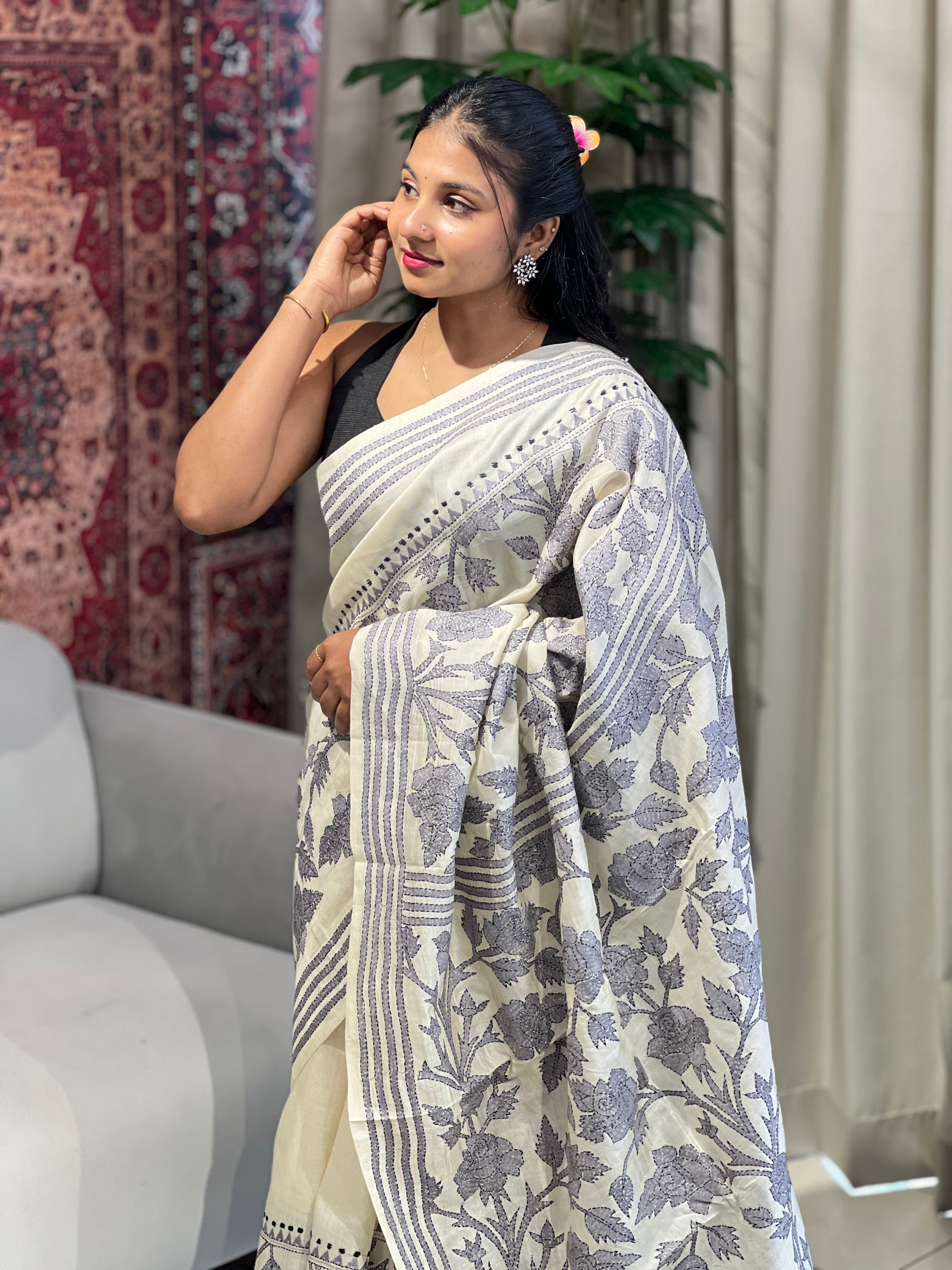 Hand Kantha Embroidered Tussar Saree | AYD151