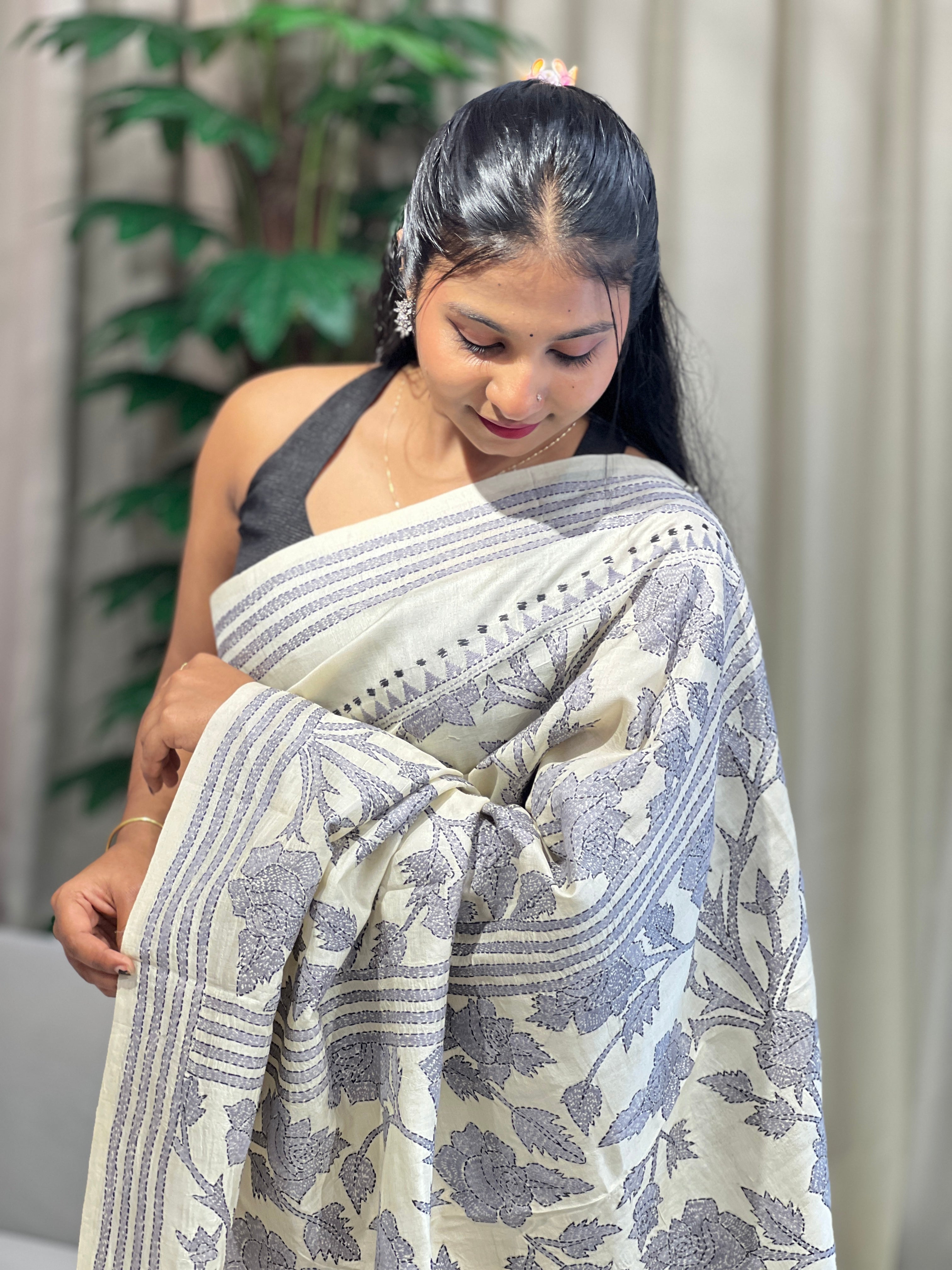 Hand Kantha Embroidered Tussar Saree | AYD151