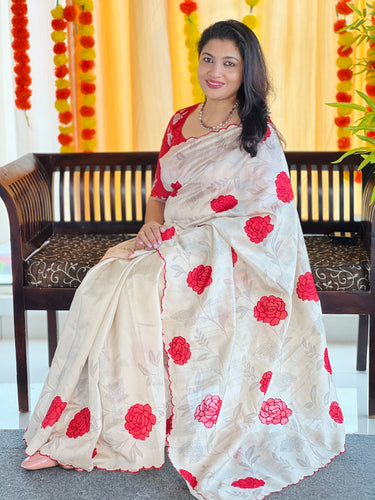 Digital Print With Applique Detailed Semi Tussar Saree | HT208
