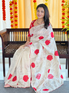 Digital Print With Applique Detailed Semi Tussar Saree | HT208