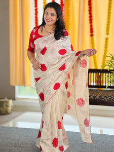 Digital Print With Applique Detailed Semi Tussar Saree | HT208