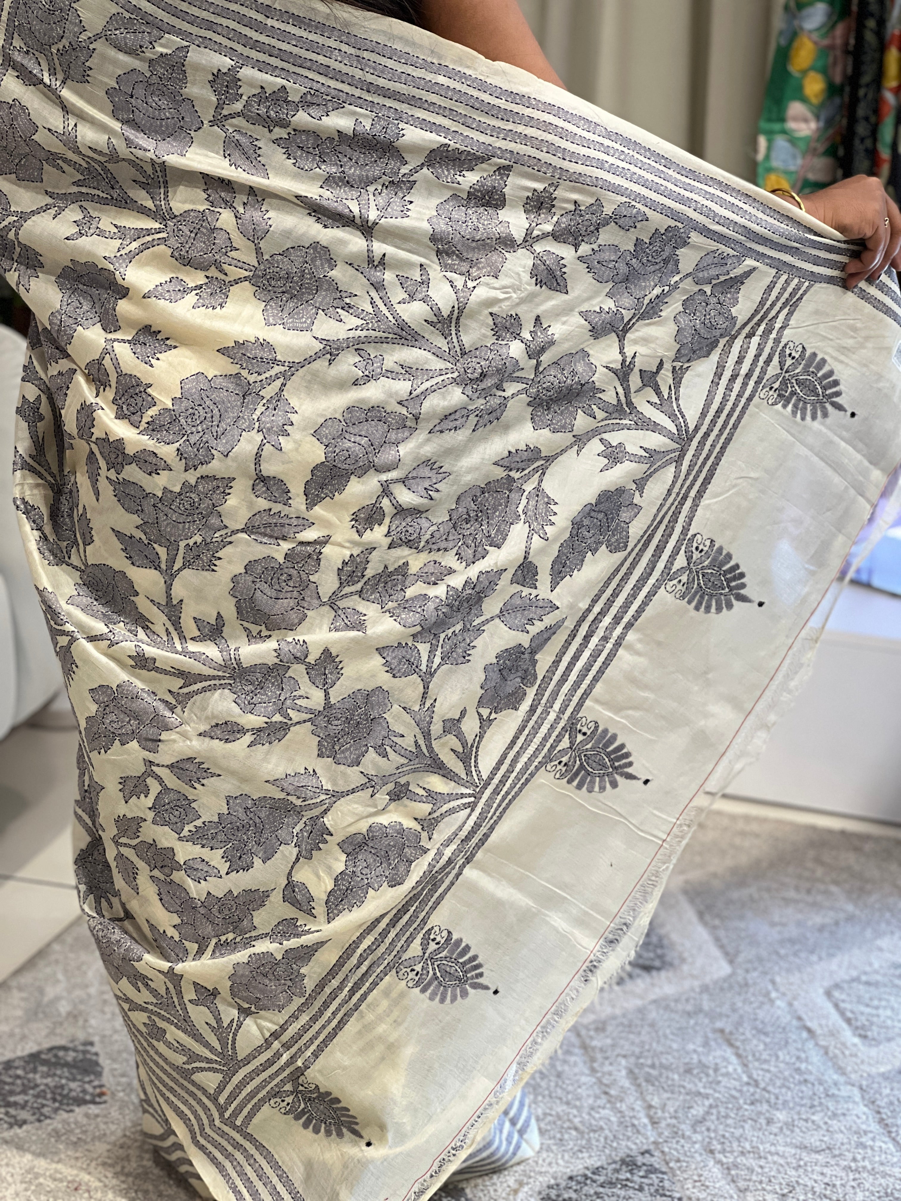 Hand Kantha Embroidered Tussar Saree | AYD151