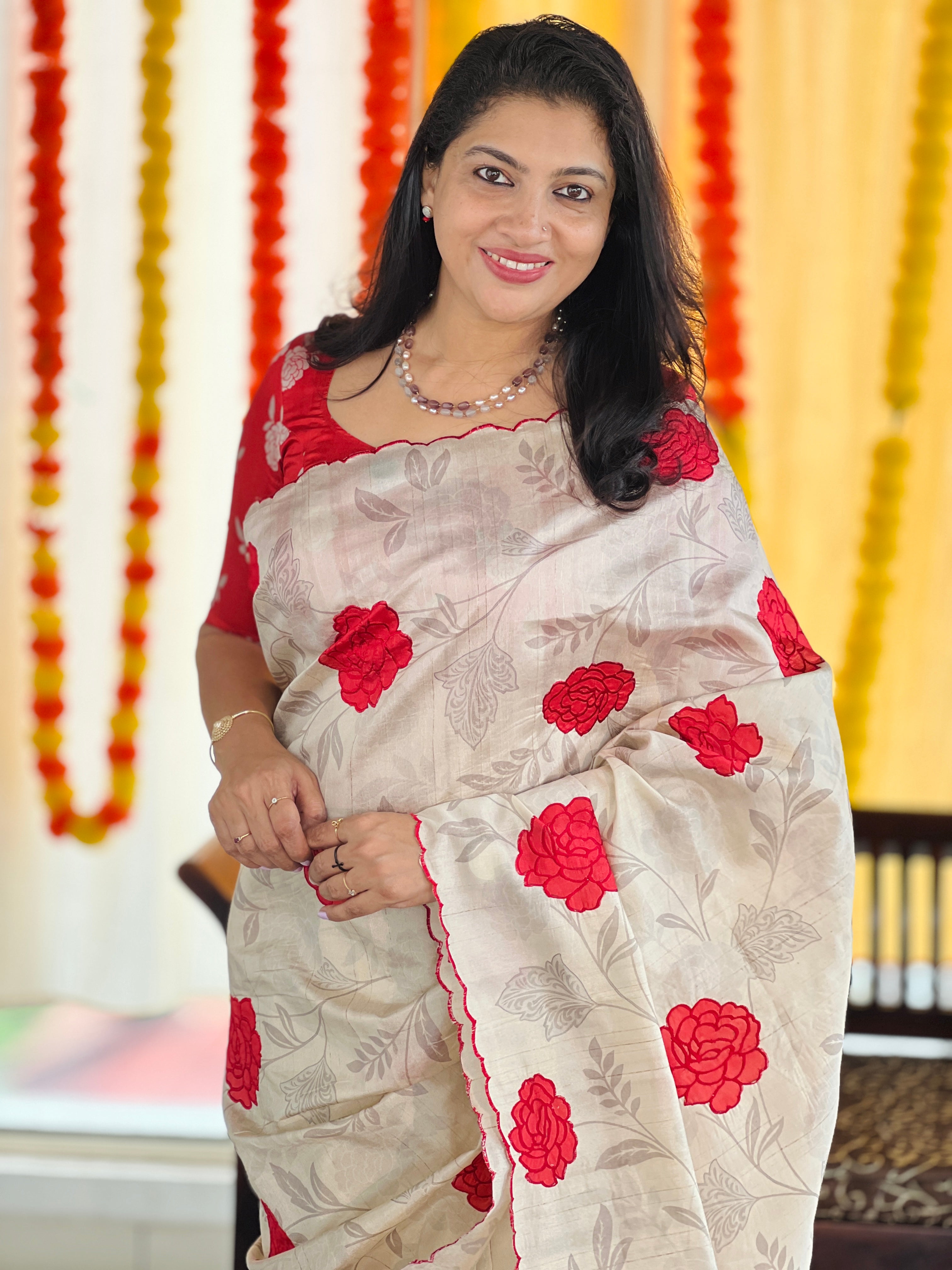 Digital Print With Applique Detailed Semi Tussar Saree | HT208