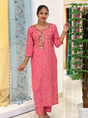 Hand Embroidery Cotton Kurta Set | OS393