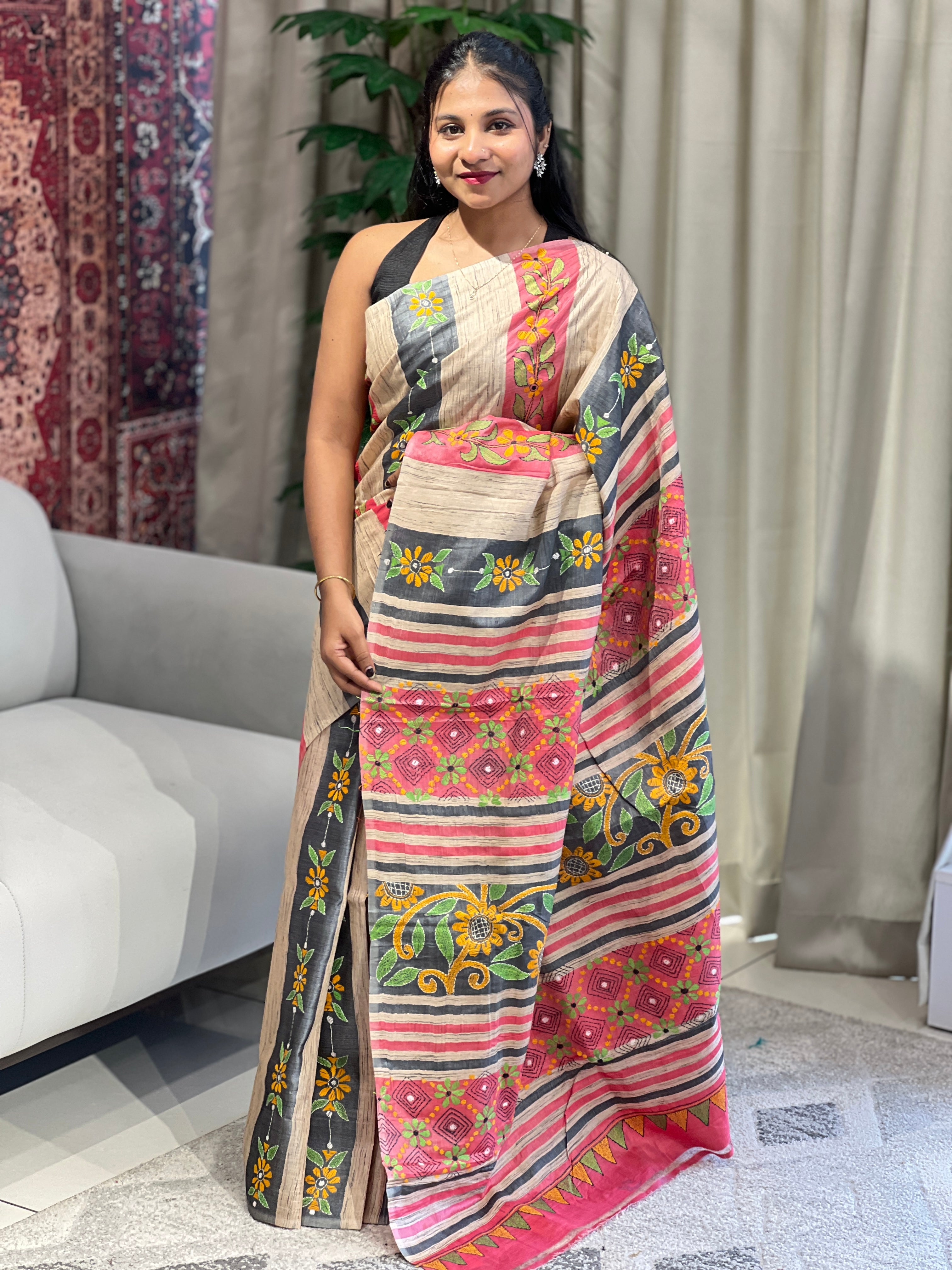 Nakshi Kantha Embroidered Tussar Saree | AYD145