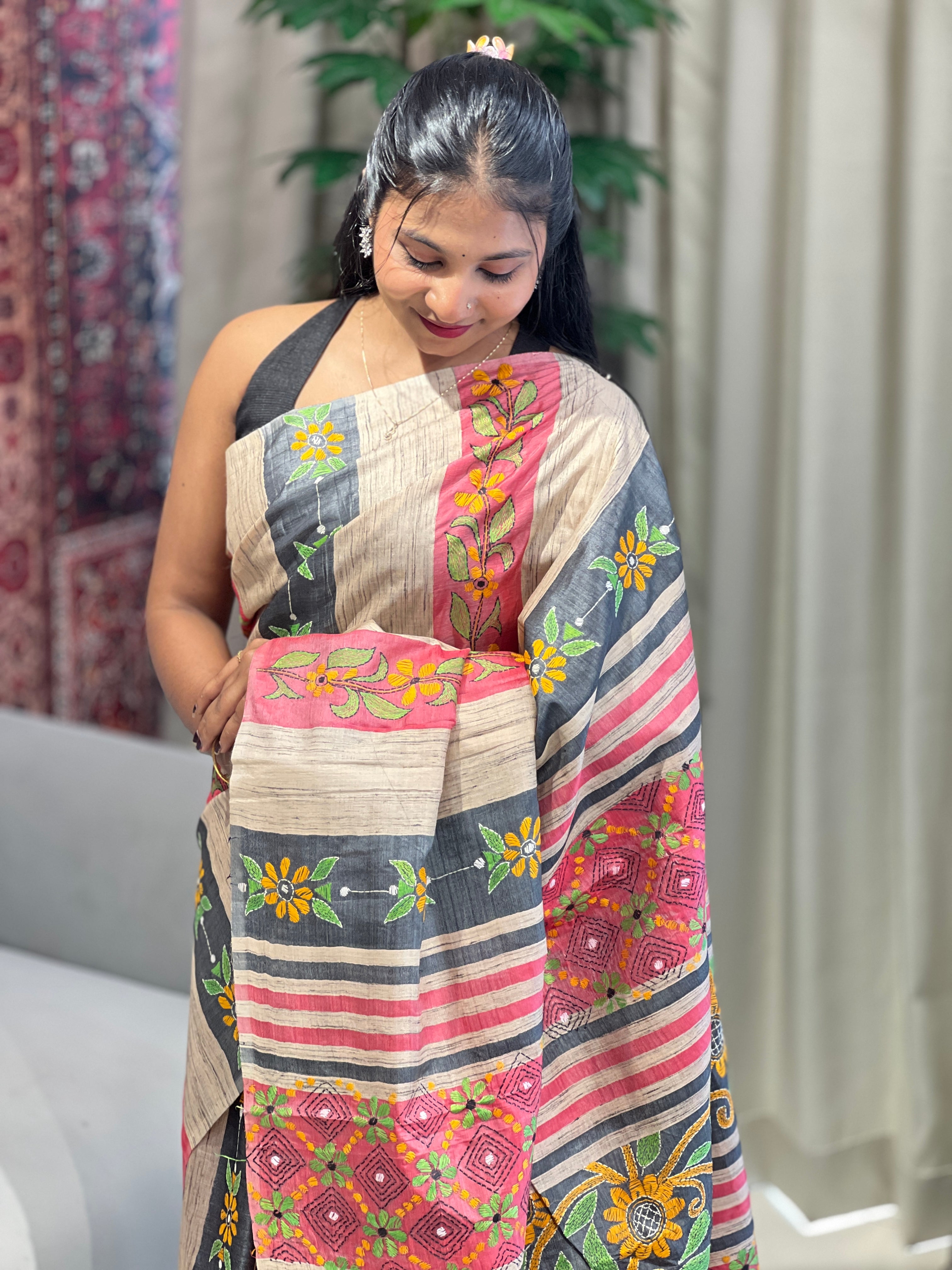 Nakshi Kantha Embroidered Tussar Saree | AYD145