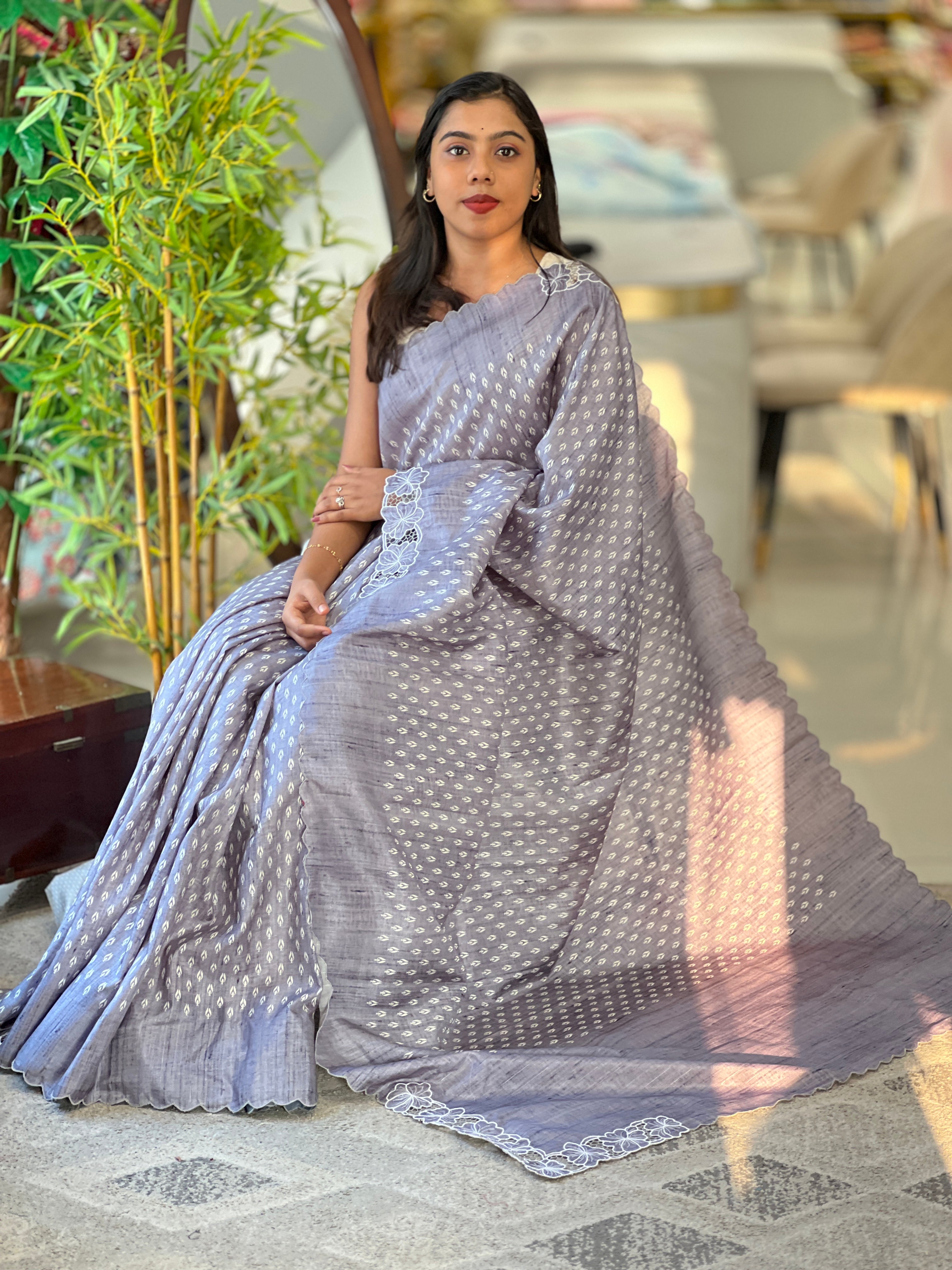 Twine Cut Work Placement Detailed Tussar Finish Saree | TC456