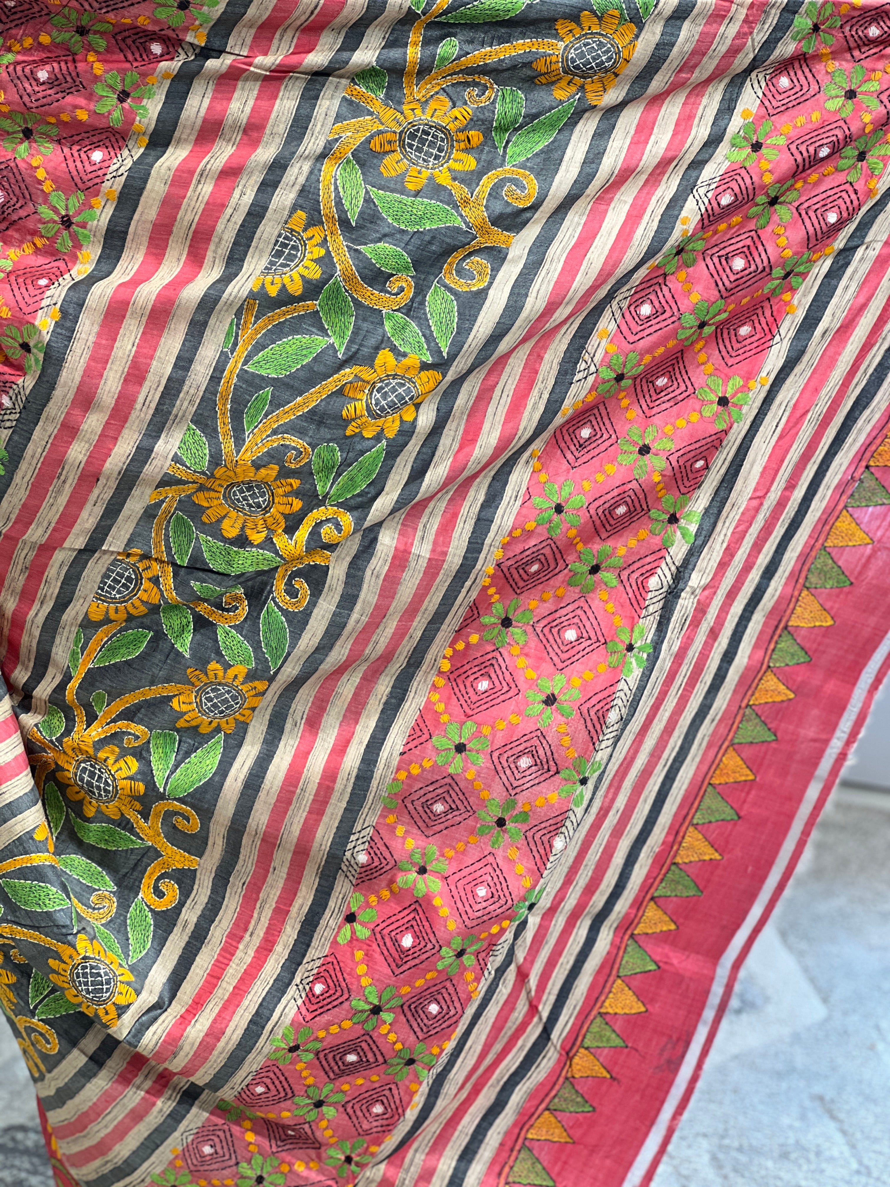 Nakshi Kantha Embroidered Tussar Saree | AYD145