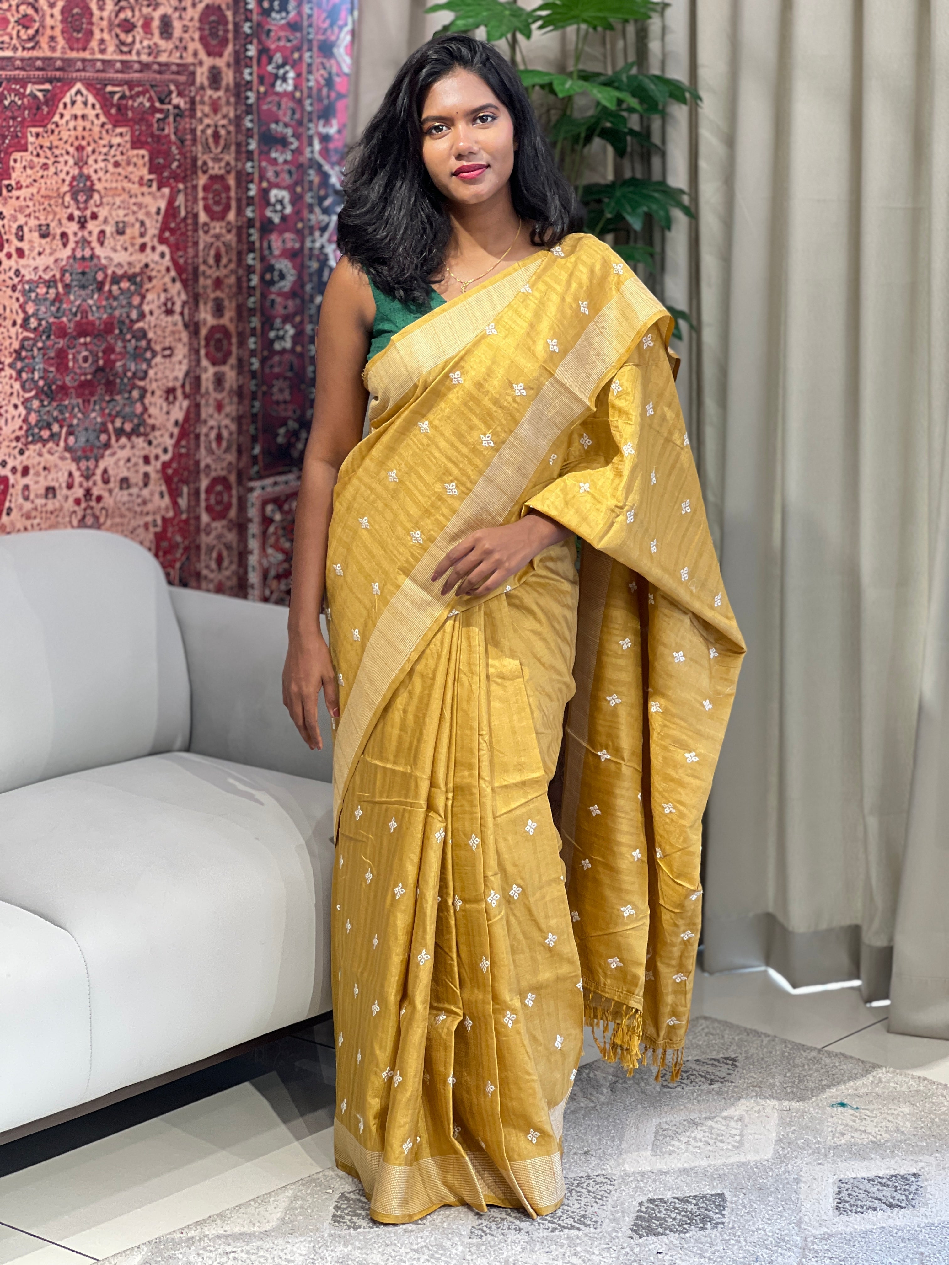 Floral Embroidery Detailed Semi Tussar Saree | SUN739