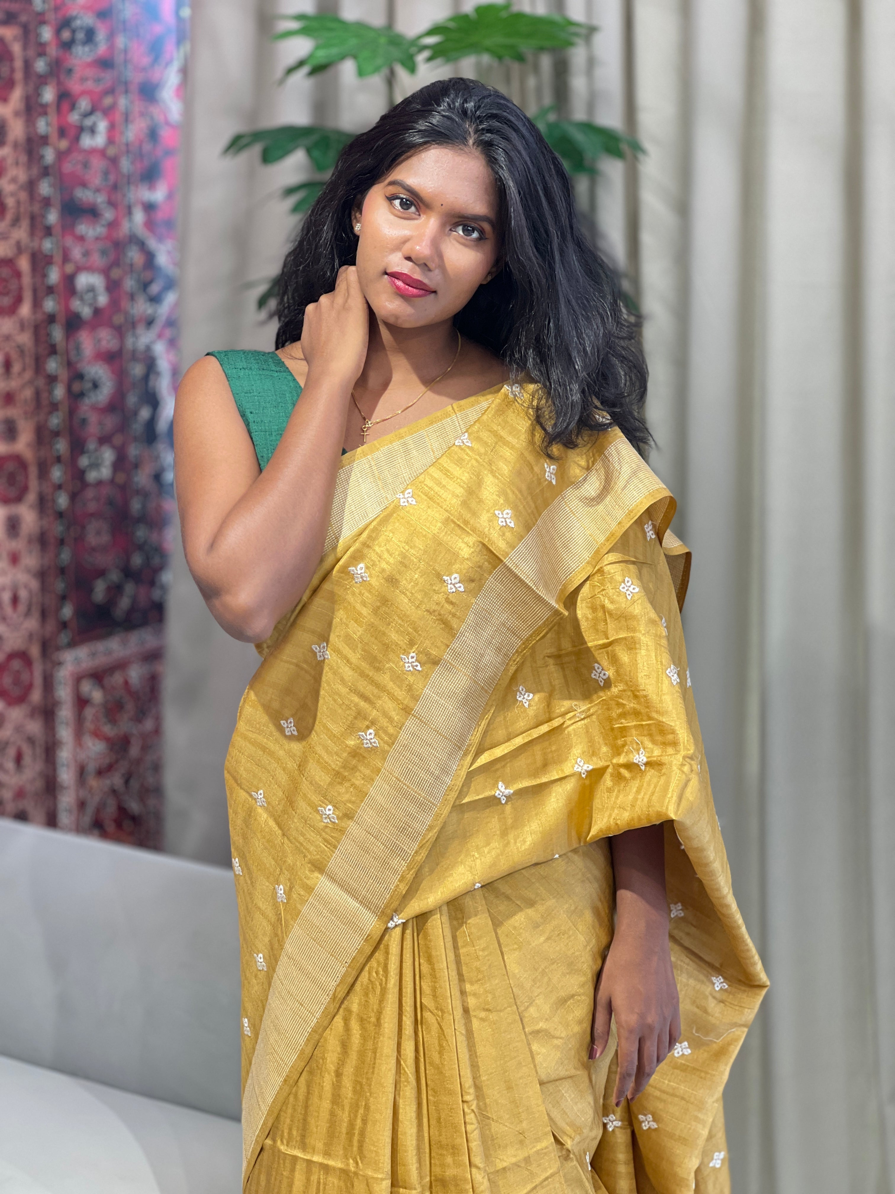 Floral Embroidery Detailed Semi Tussar Saree | SUN739