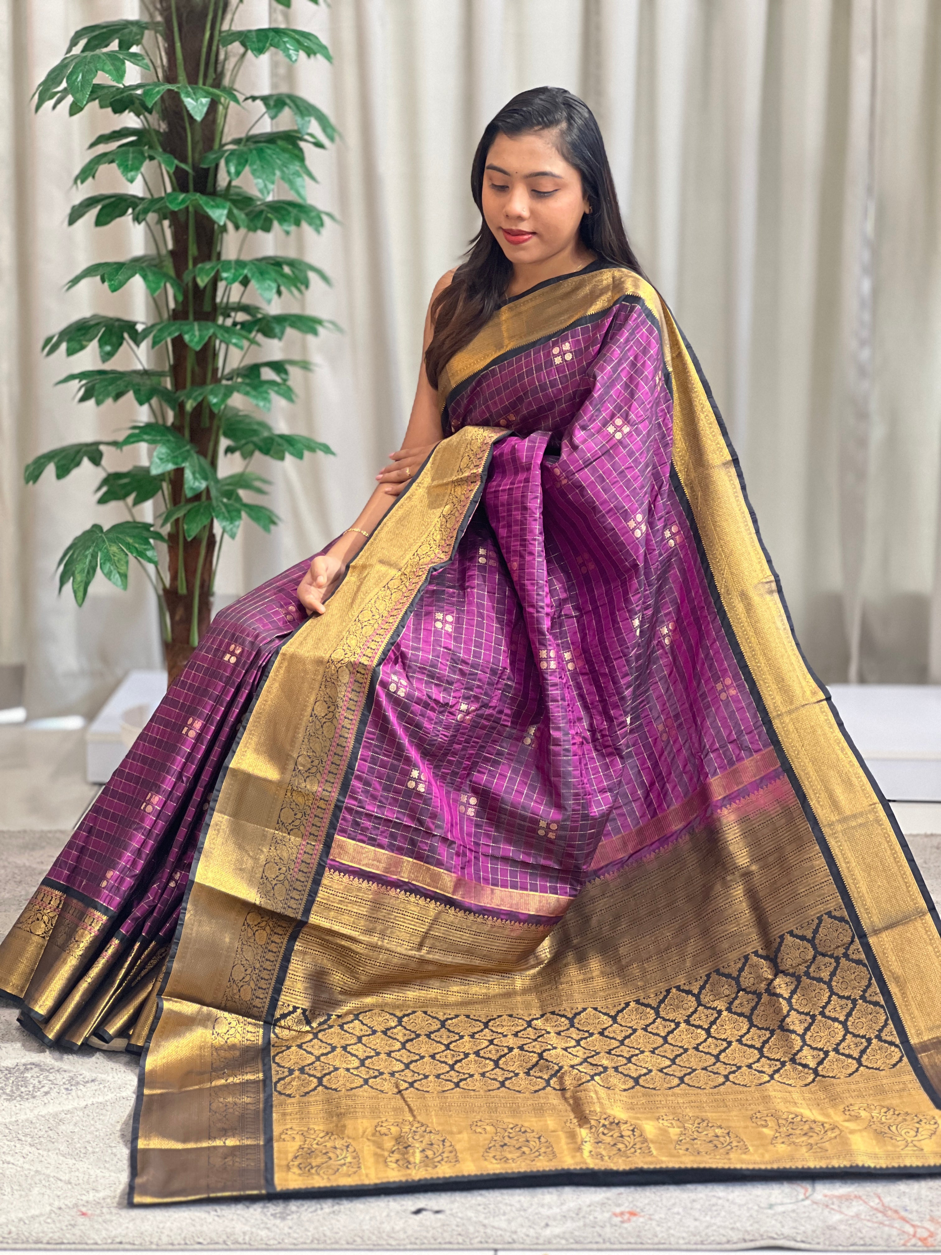Traditional Check Pattern Power Loom Soft Silk Saree | RVS176