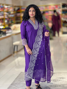 Point Embroidery Detailed Semi Silk Kurta Set | FW242