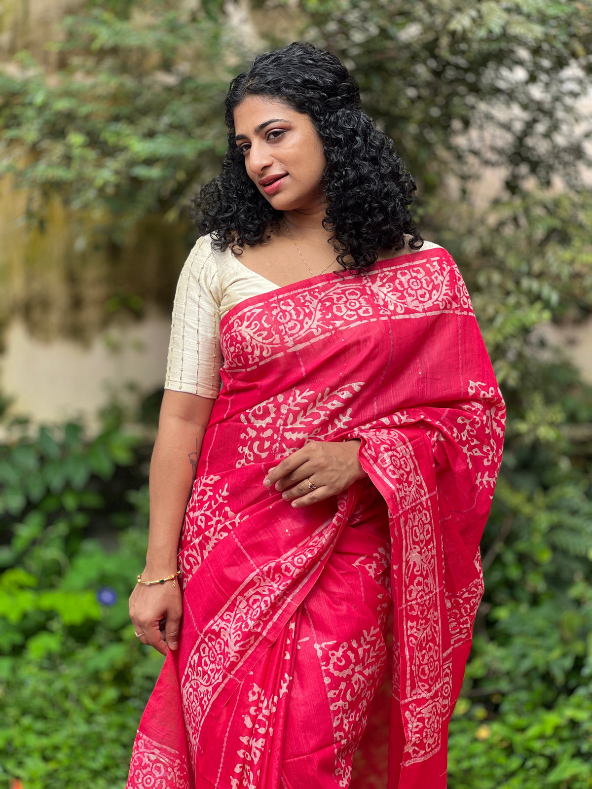 Geometrical Pattern Batik Print Design Bhagalpuri Linen Saree | US161
