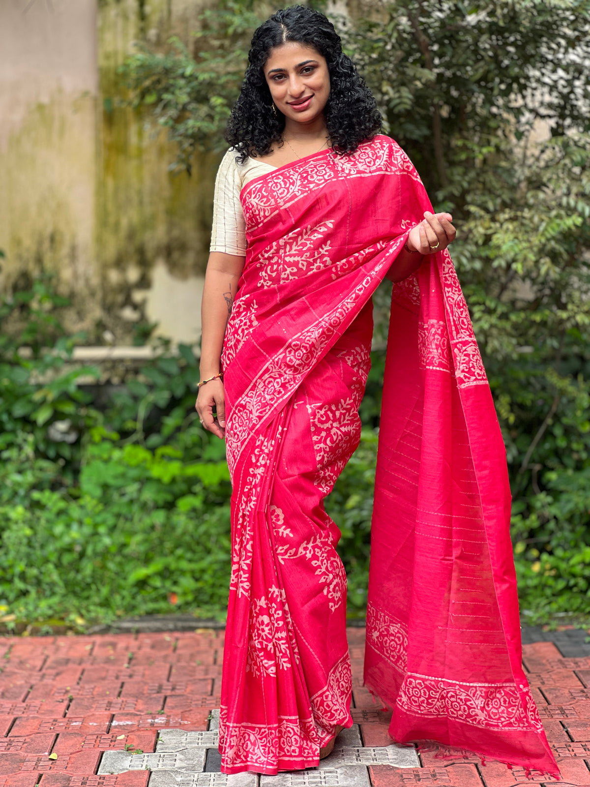 Geometrical Pattern Batik Print Design Bhagalpuri Linen Saree | US161
