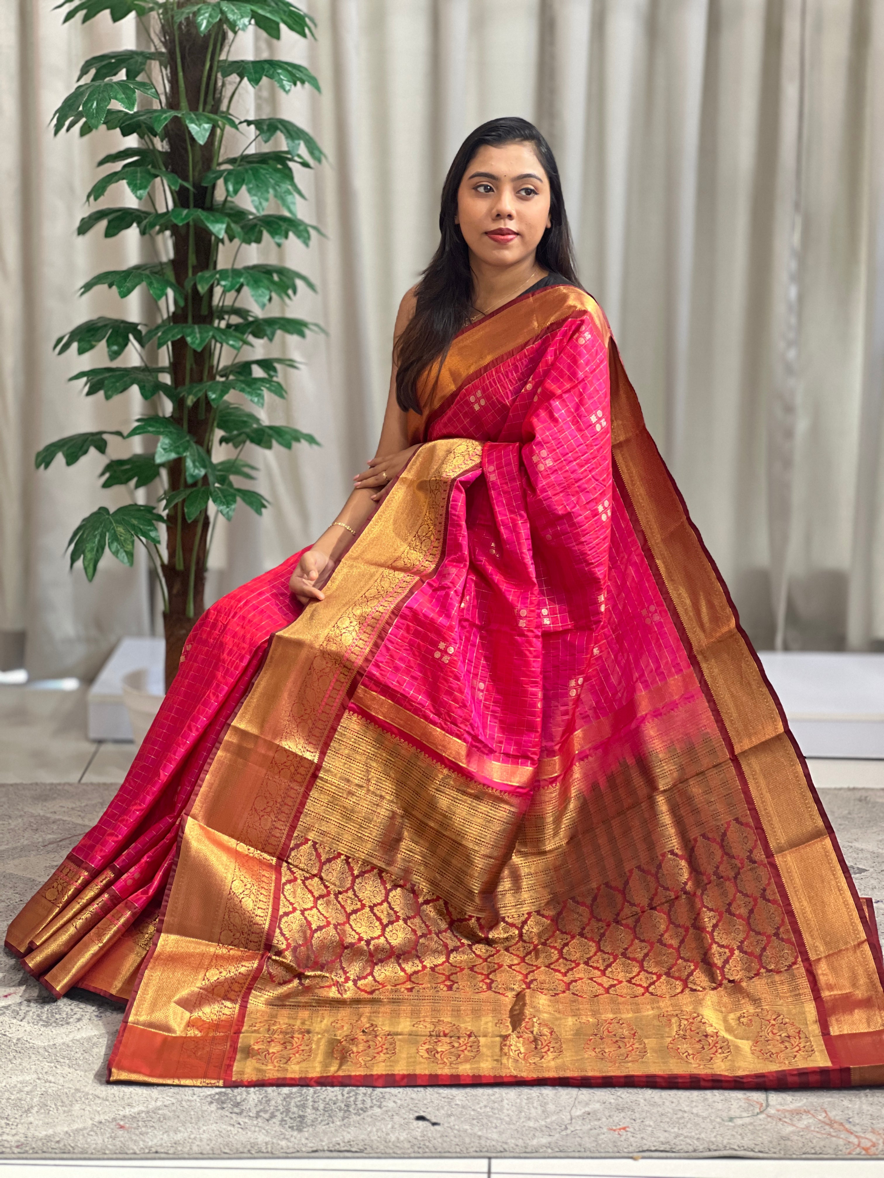Traditional Check Pattern Power Loom Soft Silk Saree | RVS175
