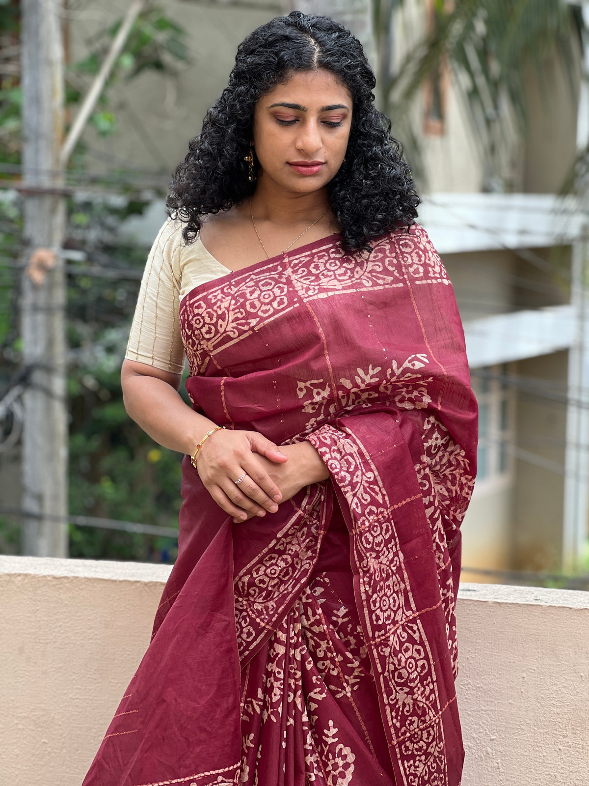 Geometrical Pattern Batik Print Design Bhagalpuri Linen Saree | US161