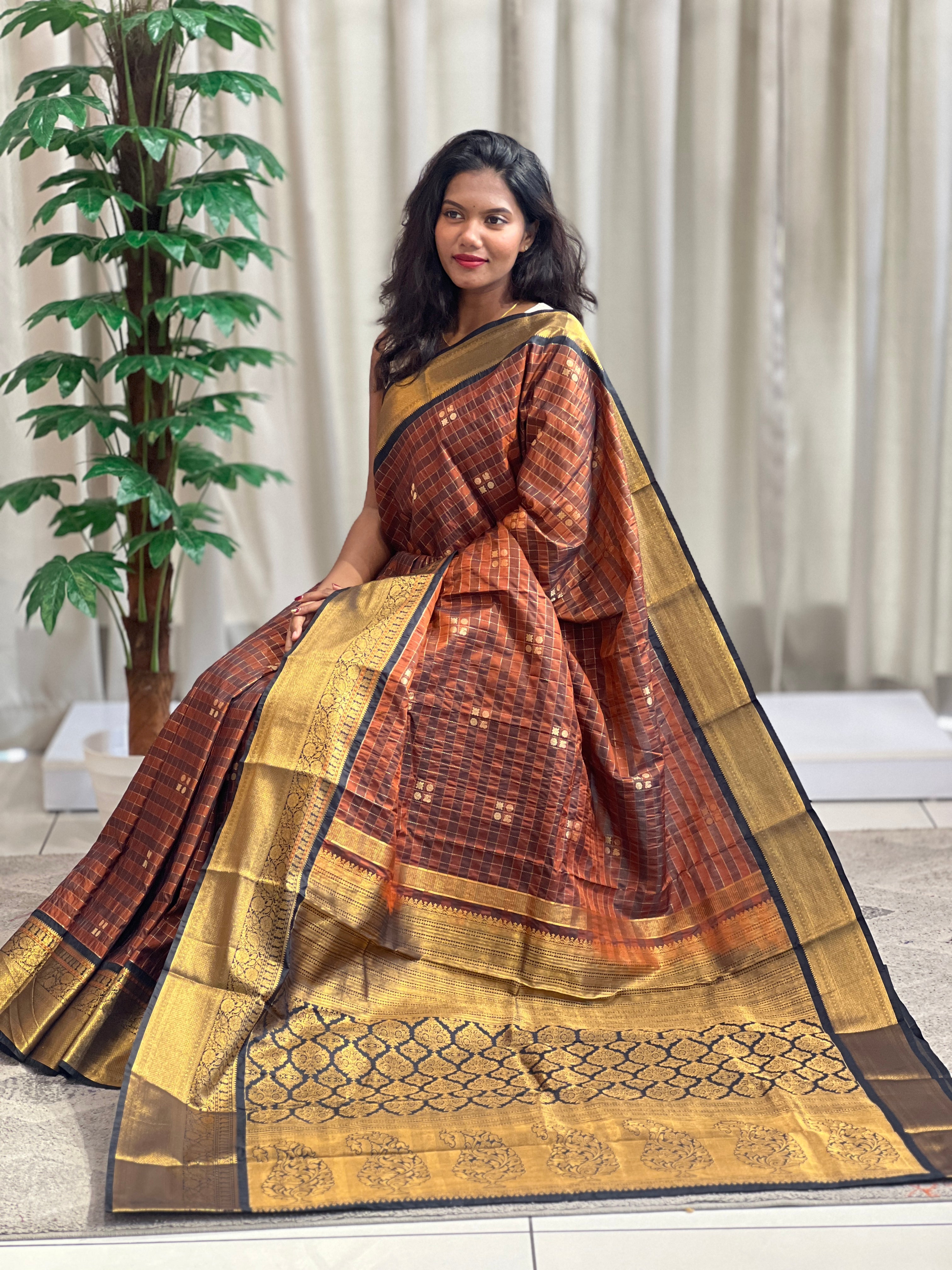 Traditional Check Pattern Power Loom Soft Silk Saree | RVS174