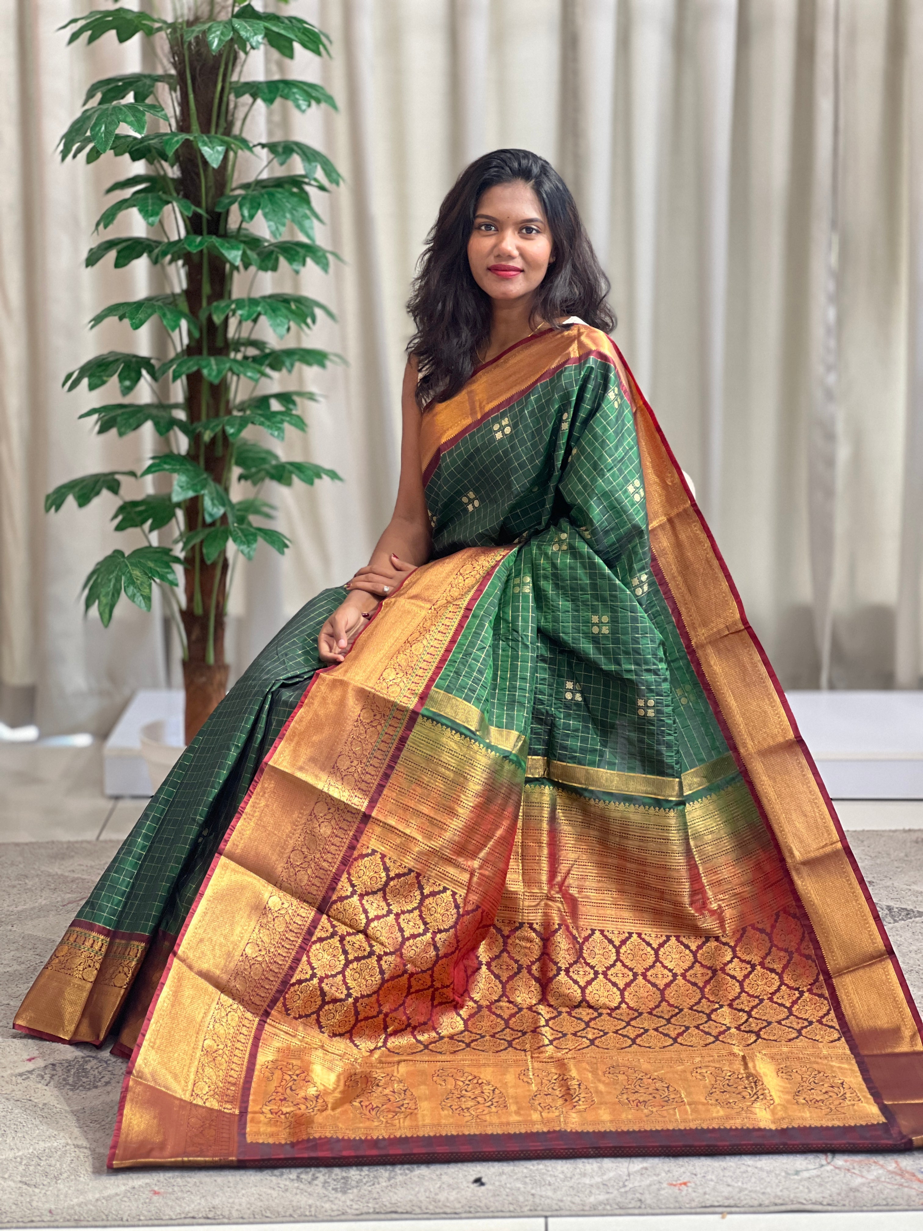Traditional Check Pattern Power Loom Soft Silk Saree | RVS173