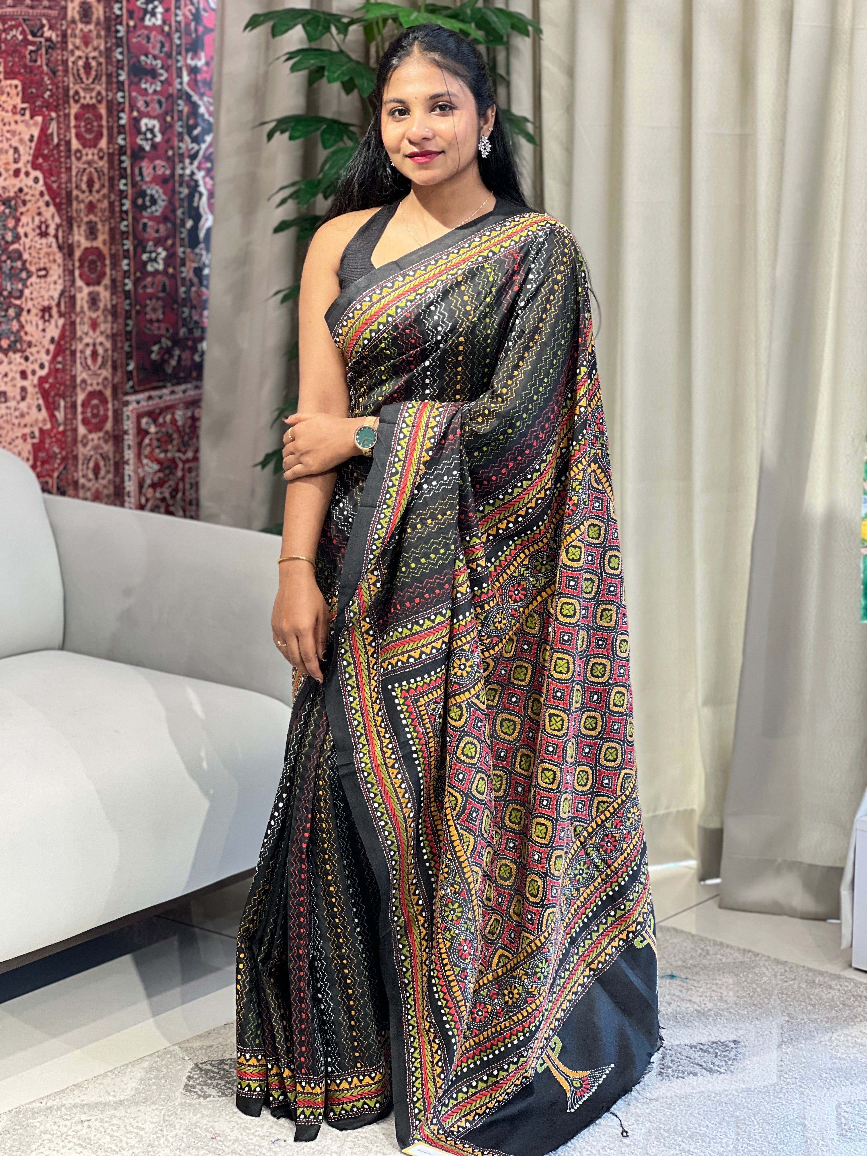 Multi Colour Kantha Embroidered Bangalore Silk Saree |  AYD148