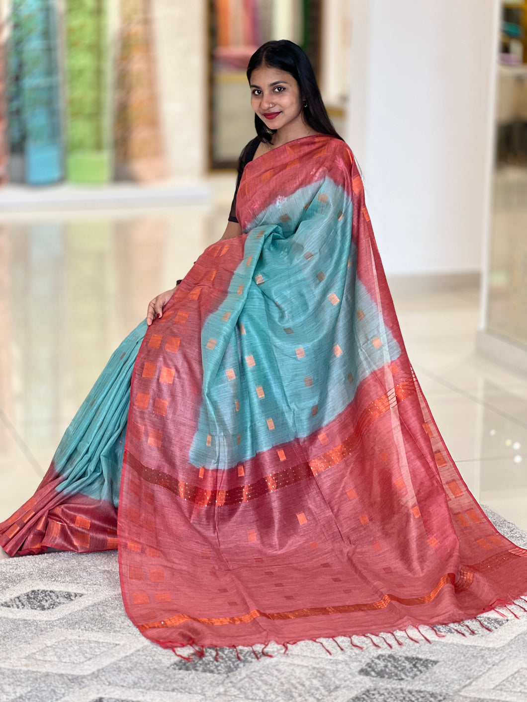 Copper Zari Weaved Shaded Linen Saree | NHH259