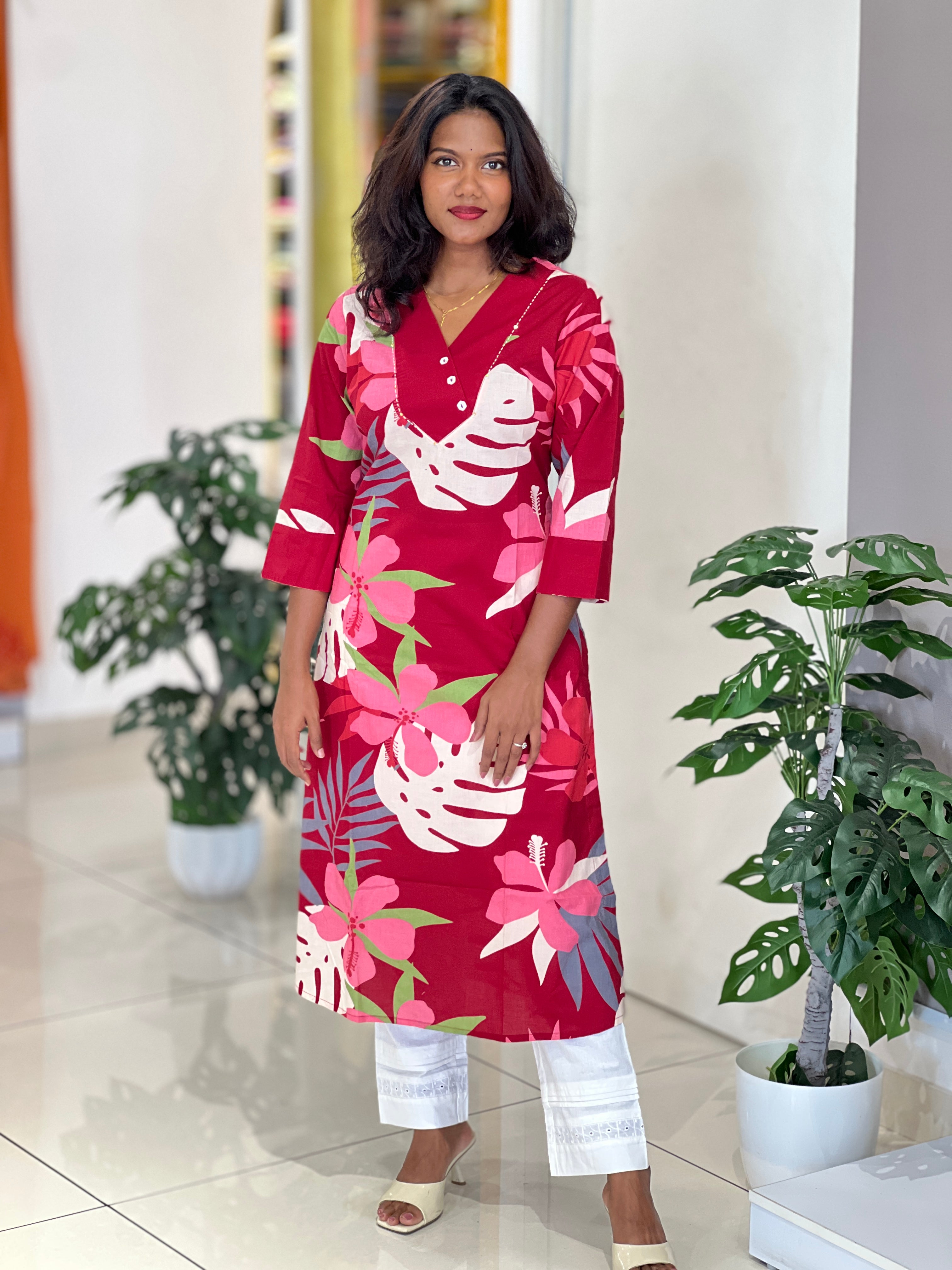 Floral & Leaf Printed Cotton Kurta Set | NCF338