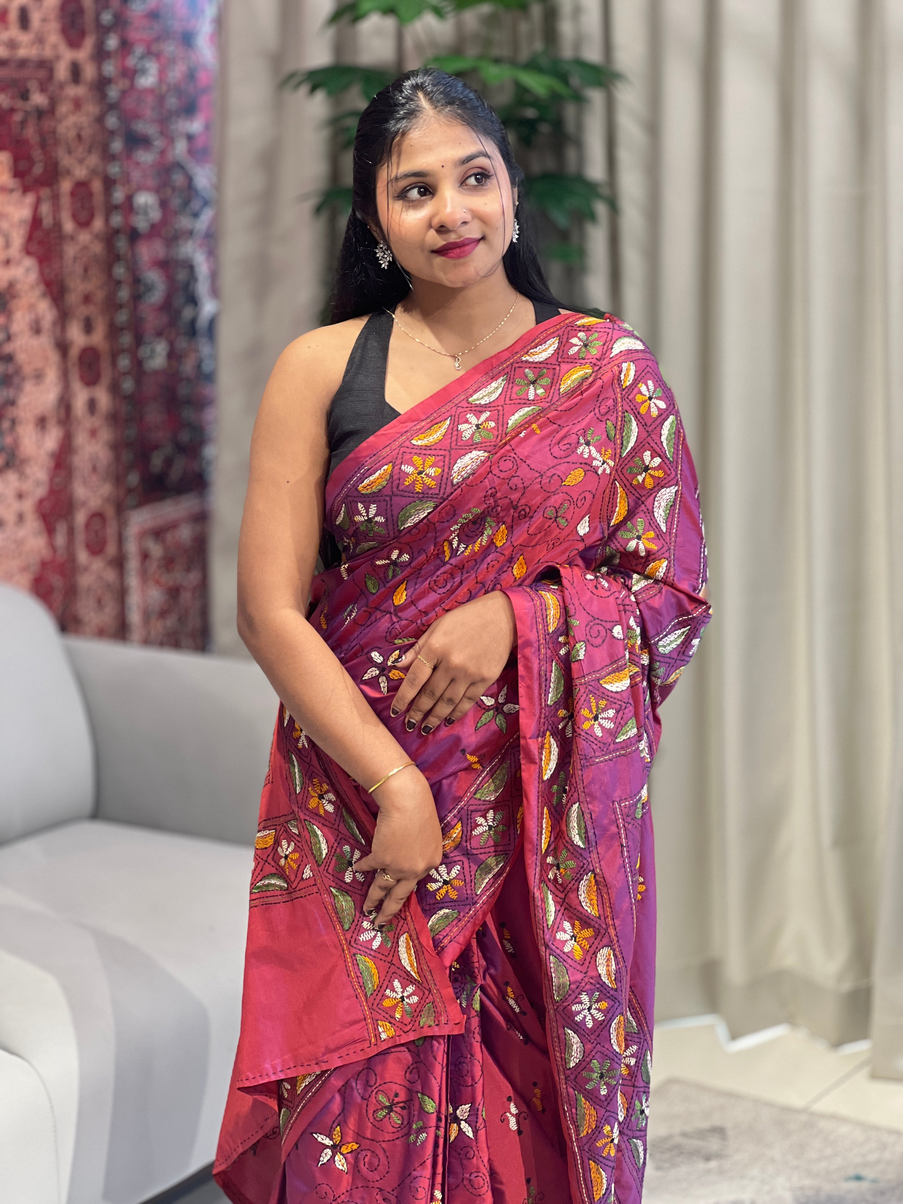 Nakshi Kantha Embroidered Bangalore Silk Saree | AYD139