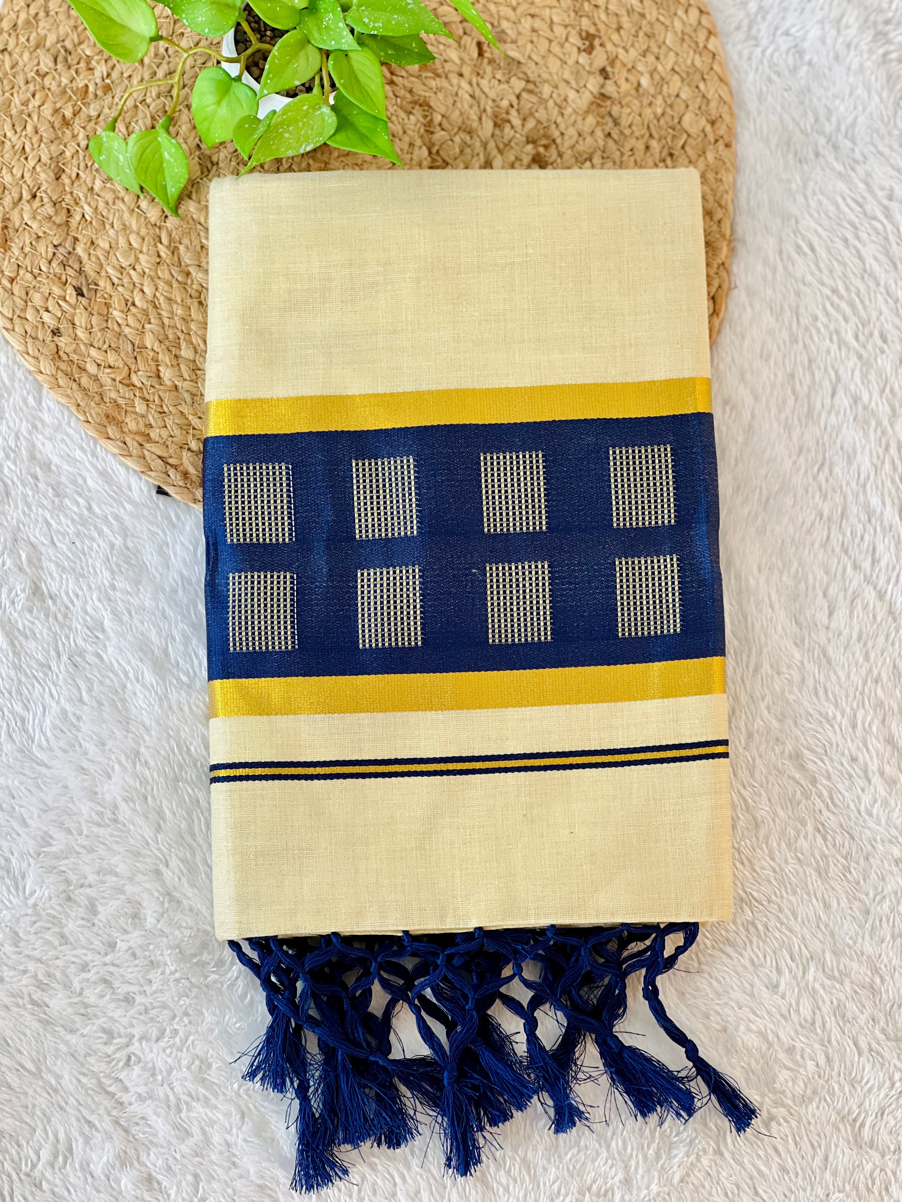 Kasavu With Kara Weaving Patterned Tissue Saree | GAT340