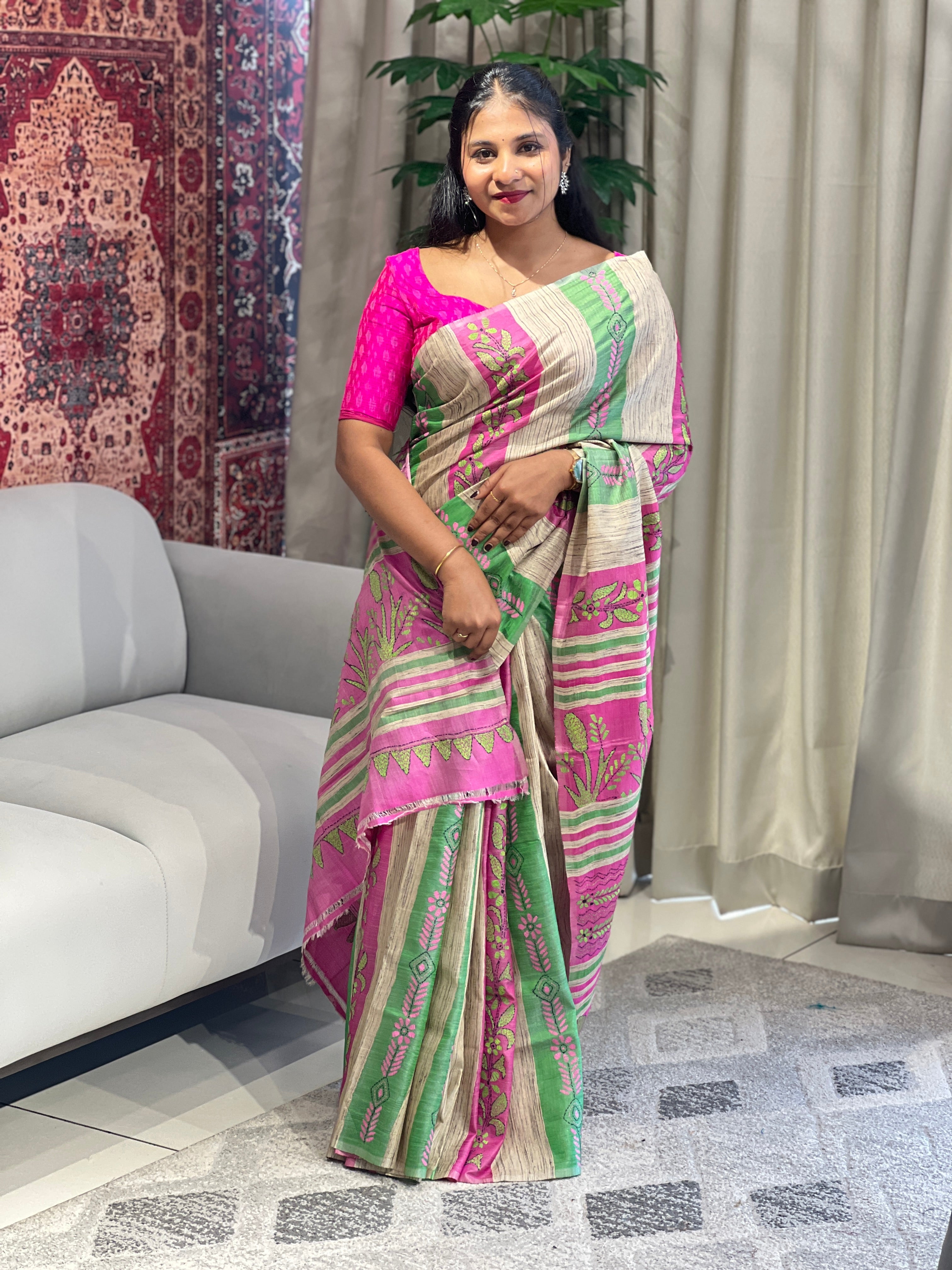 Hand Kantha Embroidered Pure Tussar Saree | AYD144