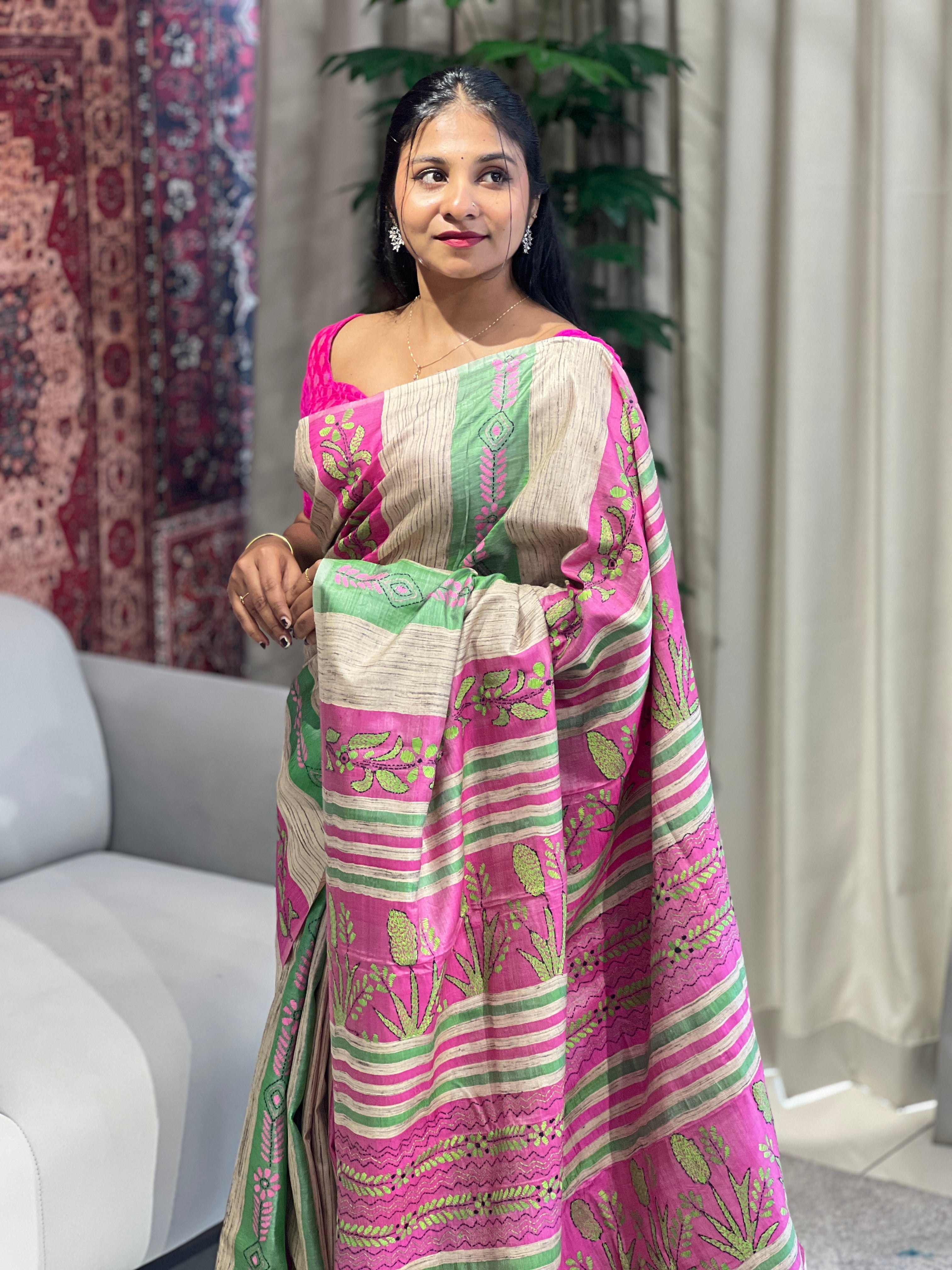Hand Kantha Embroidered Pure Tussar Saree | AYD144